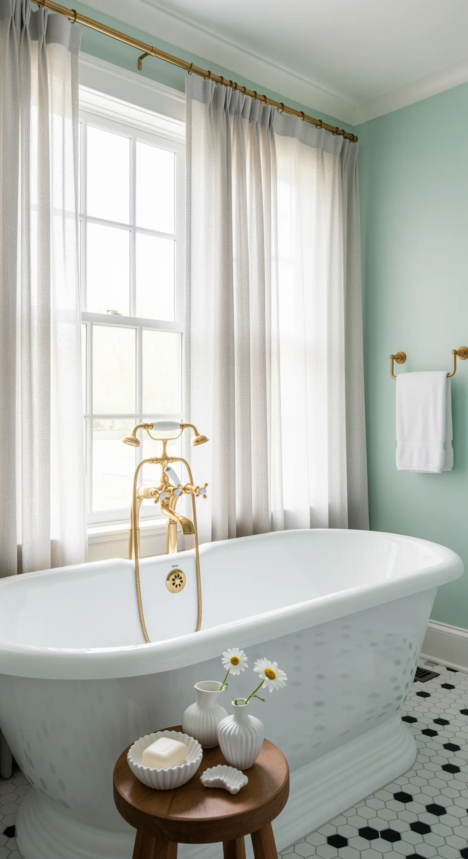 Vasca freestanding bianca con rubinetteria in ottone davanti a una finestra con tende di lino.