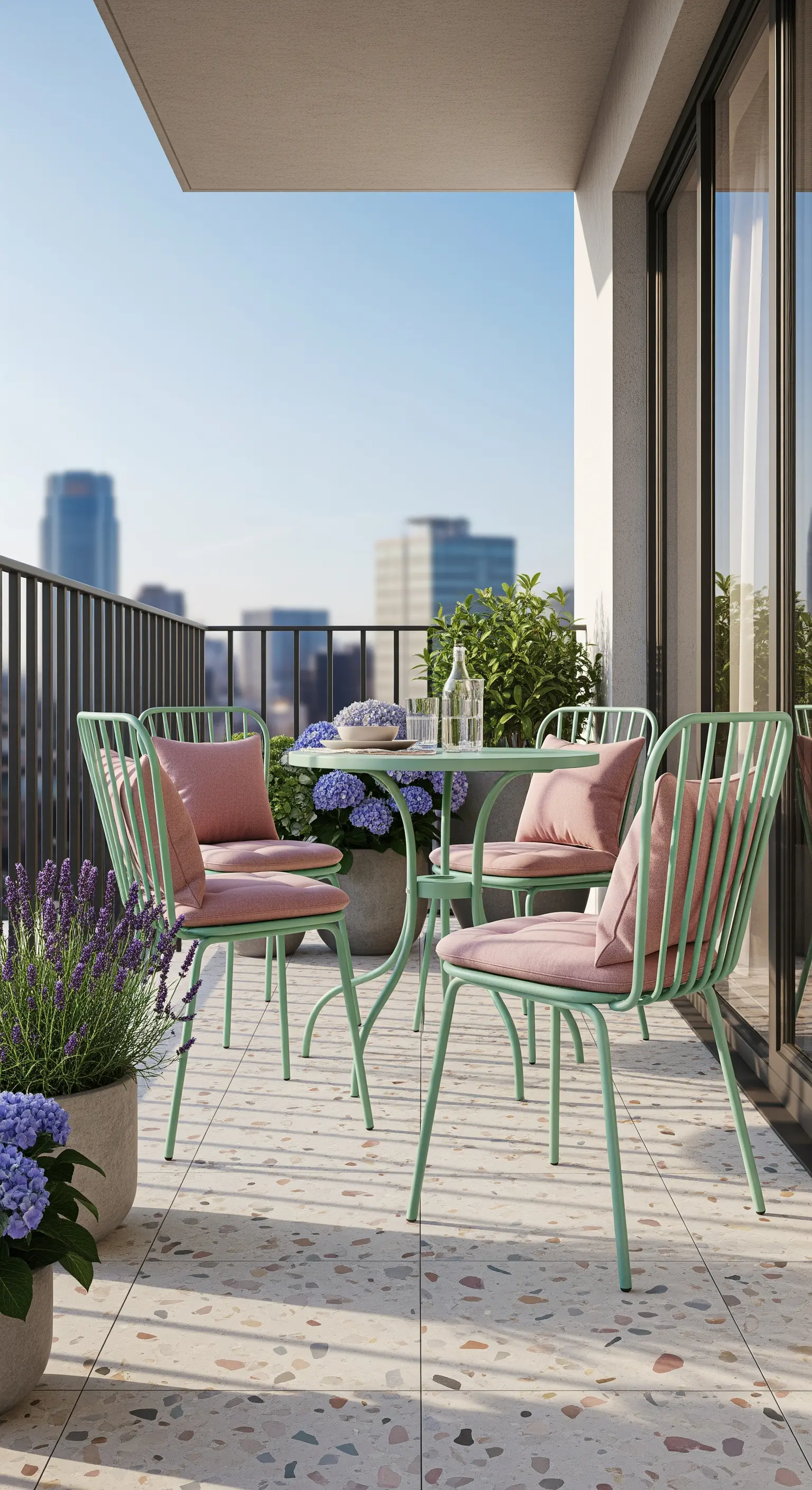 Balcone con sedie in metallo verde menta e cuscini rosa cipria, vista sulla città.