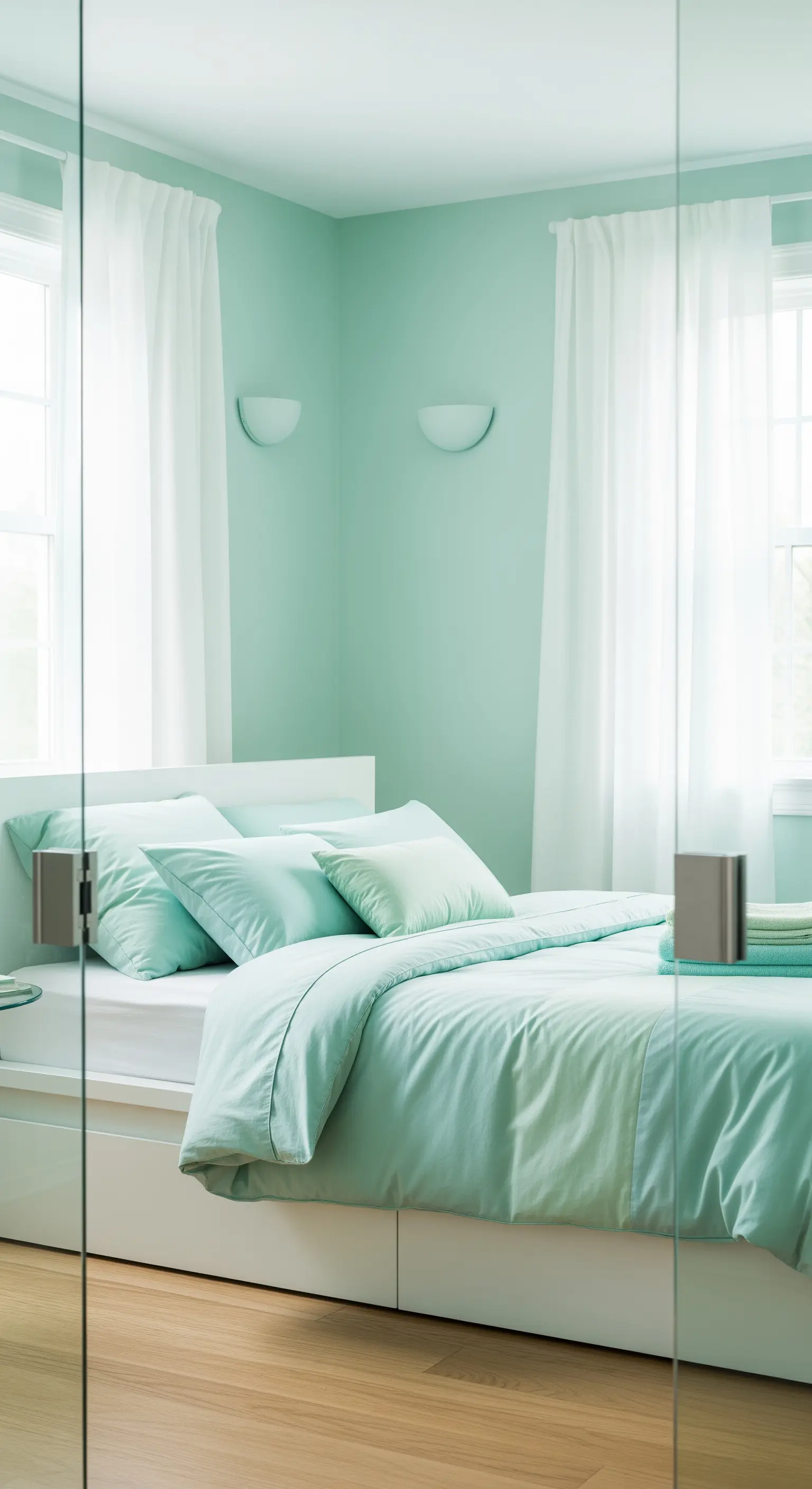 Camera da letto minimalista color verde menta con arredi bianchi e tende leggere.