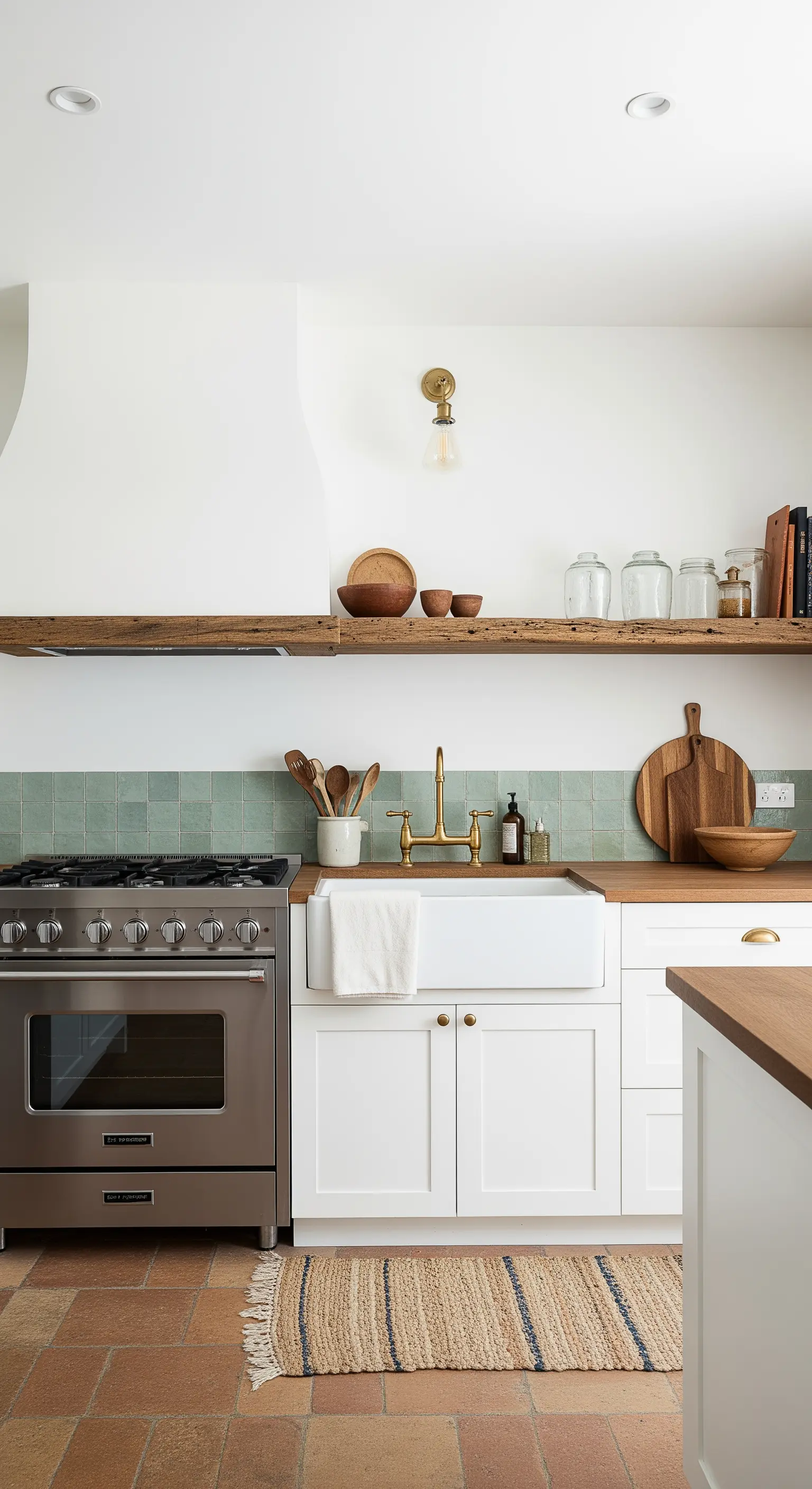 Cucina bianca e legno con paraschizzi in piastrelle quadrate verde menta e rubinetteria in ottone.