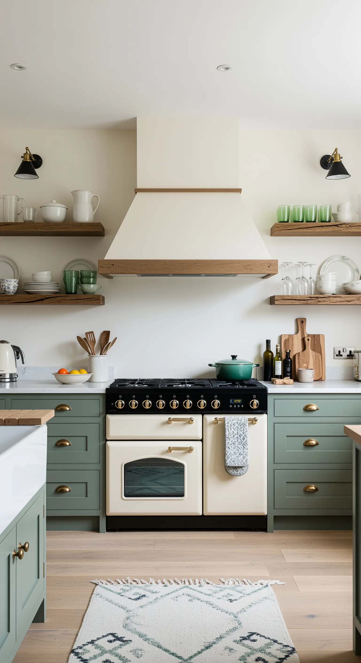 Cucina rustica con mobili verde oliva, mensole in legno e cucina crema.