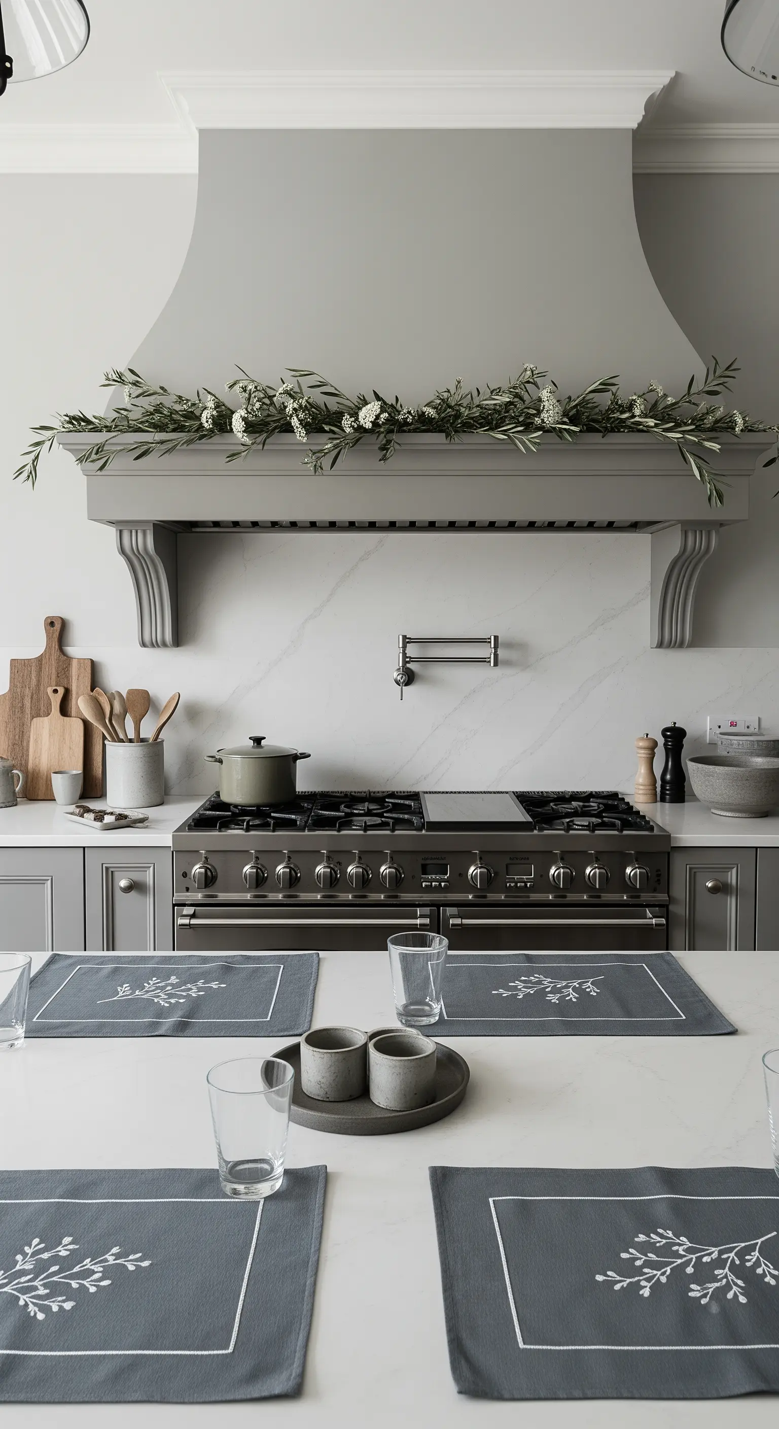 Cucina moderna grigia con una ghirlanda minimalista di rami d'ulivo appoggiata sulla cappa.