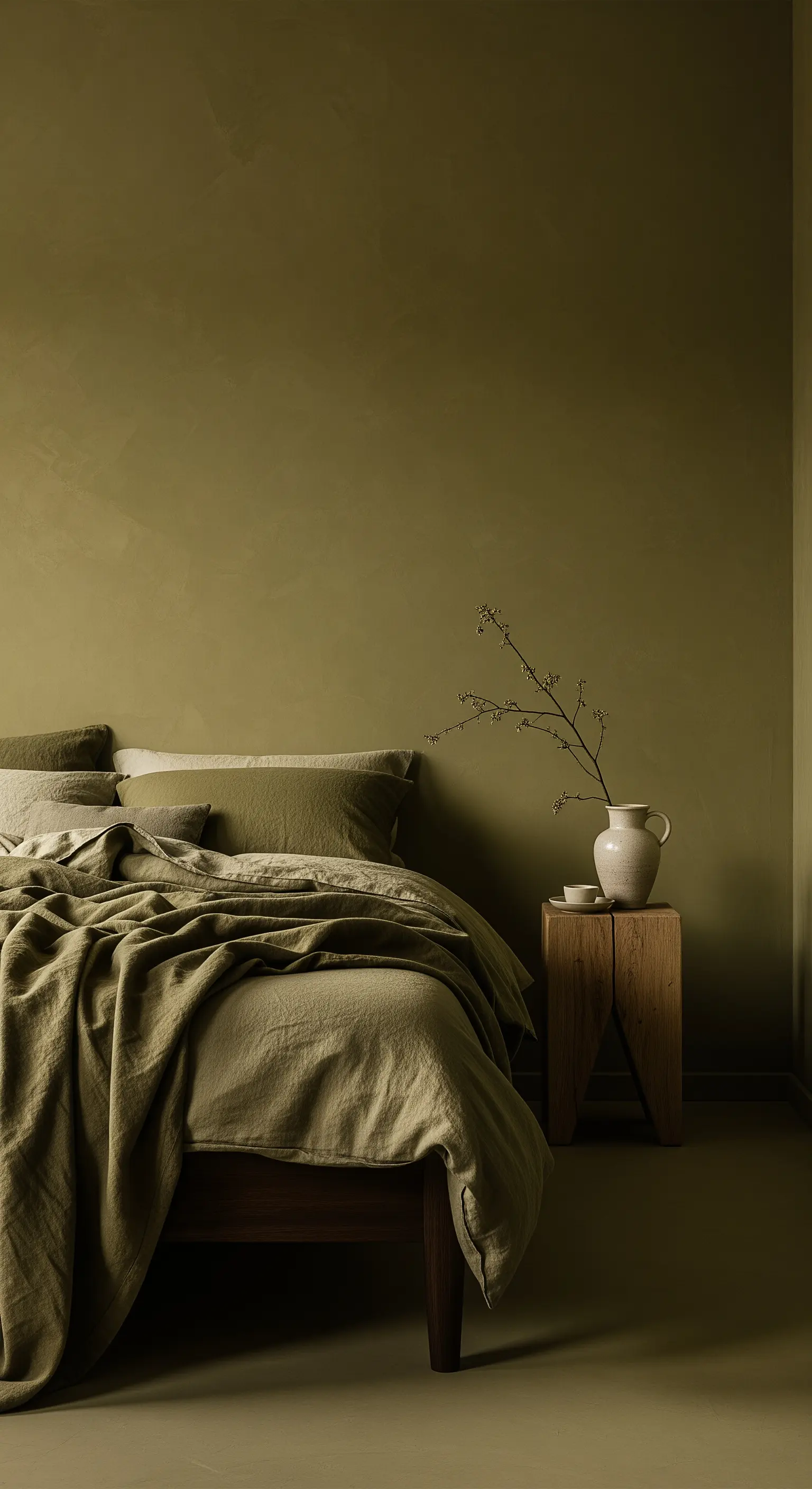 Camera da letto minimalista con pareti materiche color verde oliva e letto in lino.