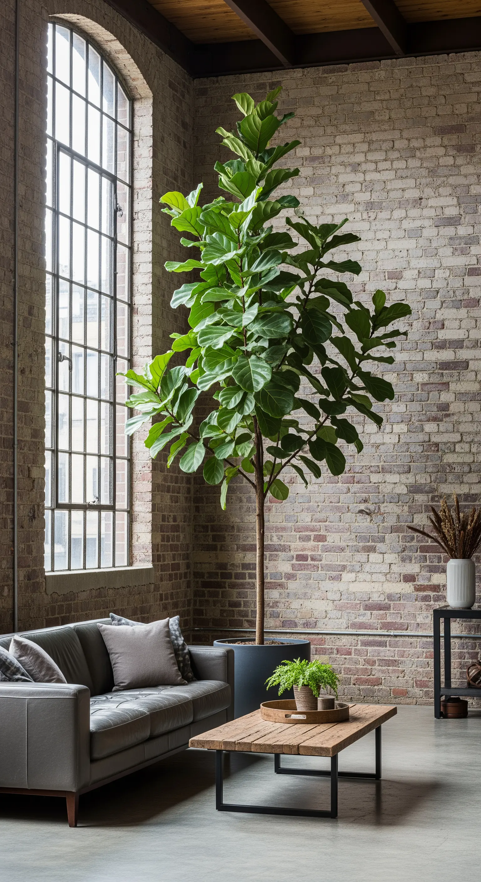 Un alto Ficus lyrata accanto a un divano in pelle grigia in un loft con pareti di mattoni.