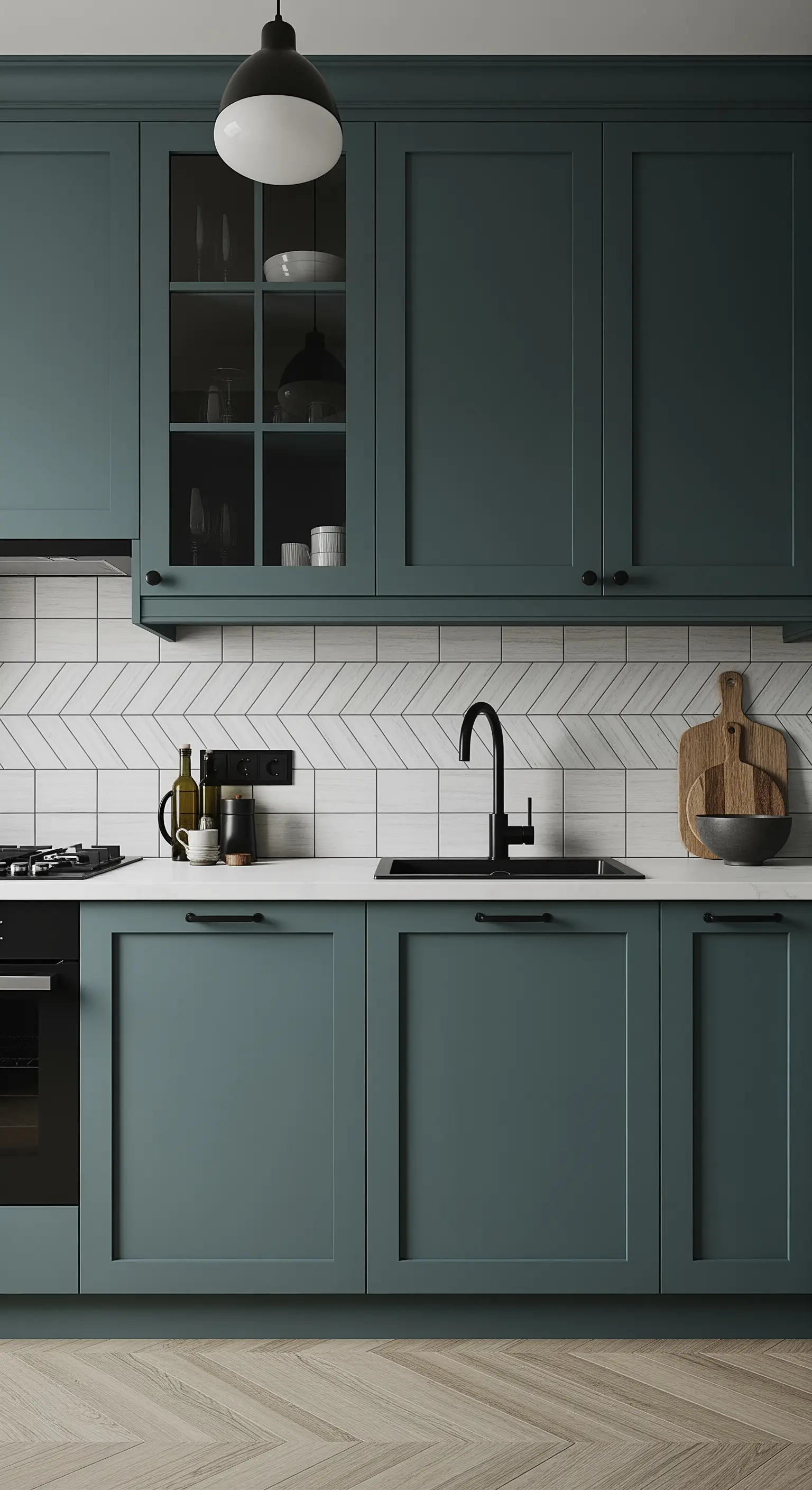 Cucina moderna verde petrolio con piastrelle a spina di pesce e dettagli neri.