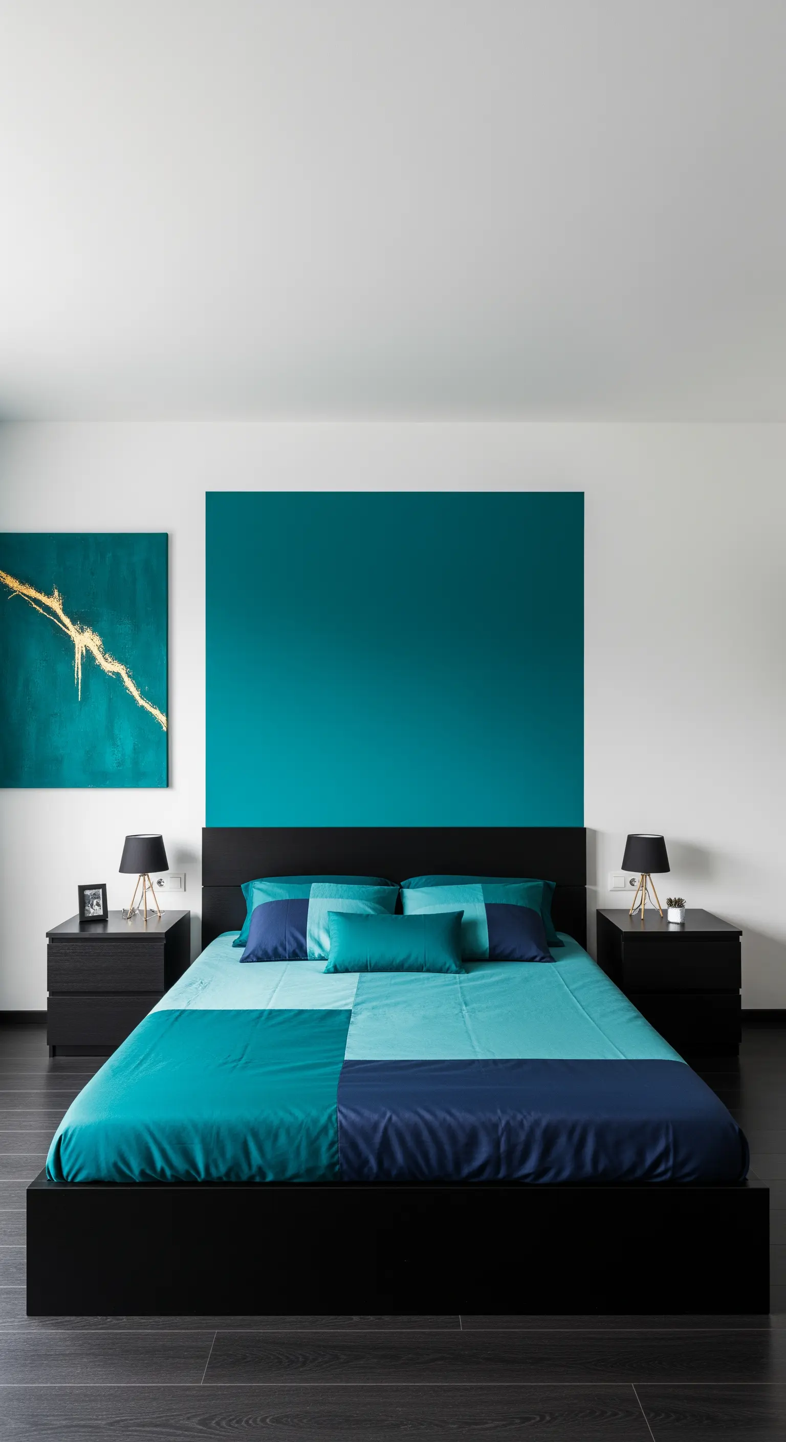 Camera da letto bianca con un grande pannello color ottanio dietro al letto.