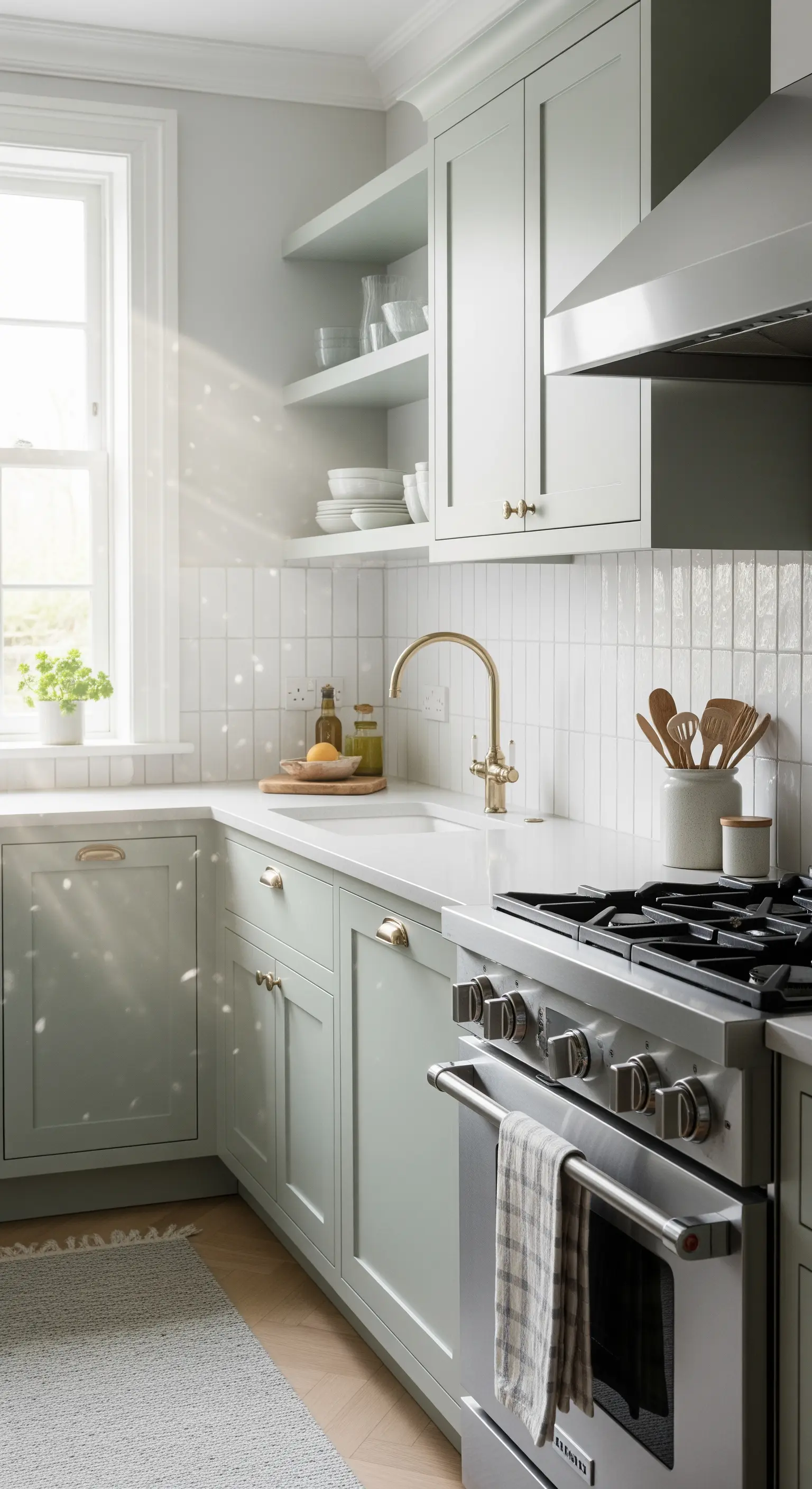 Cucina verde salvia con piastrelle bianche verticali e rubinetto dorato.