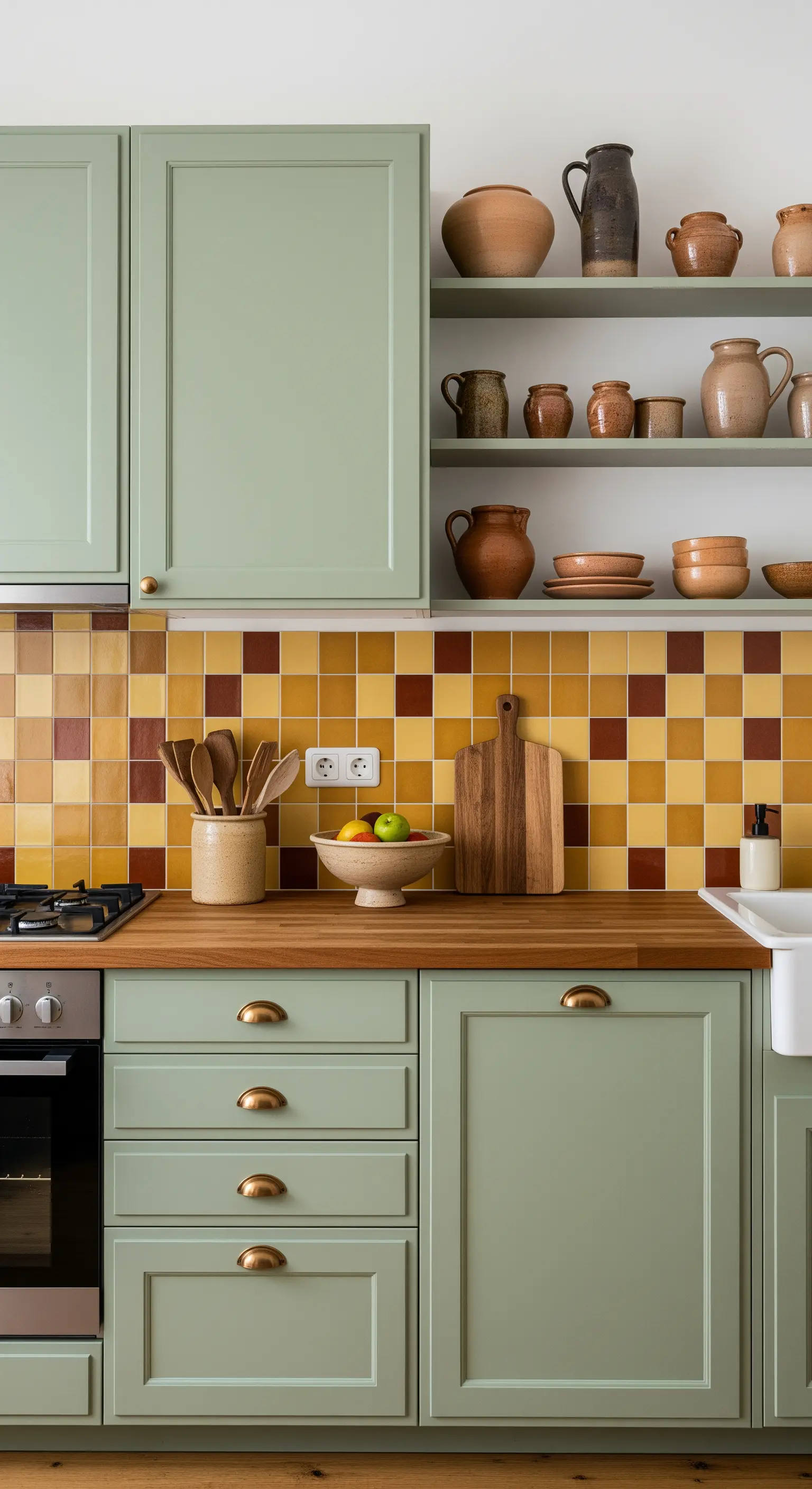 Cucina verde salvia con alzatina di piastrelle gialle e marroni.