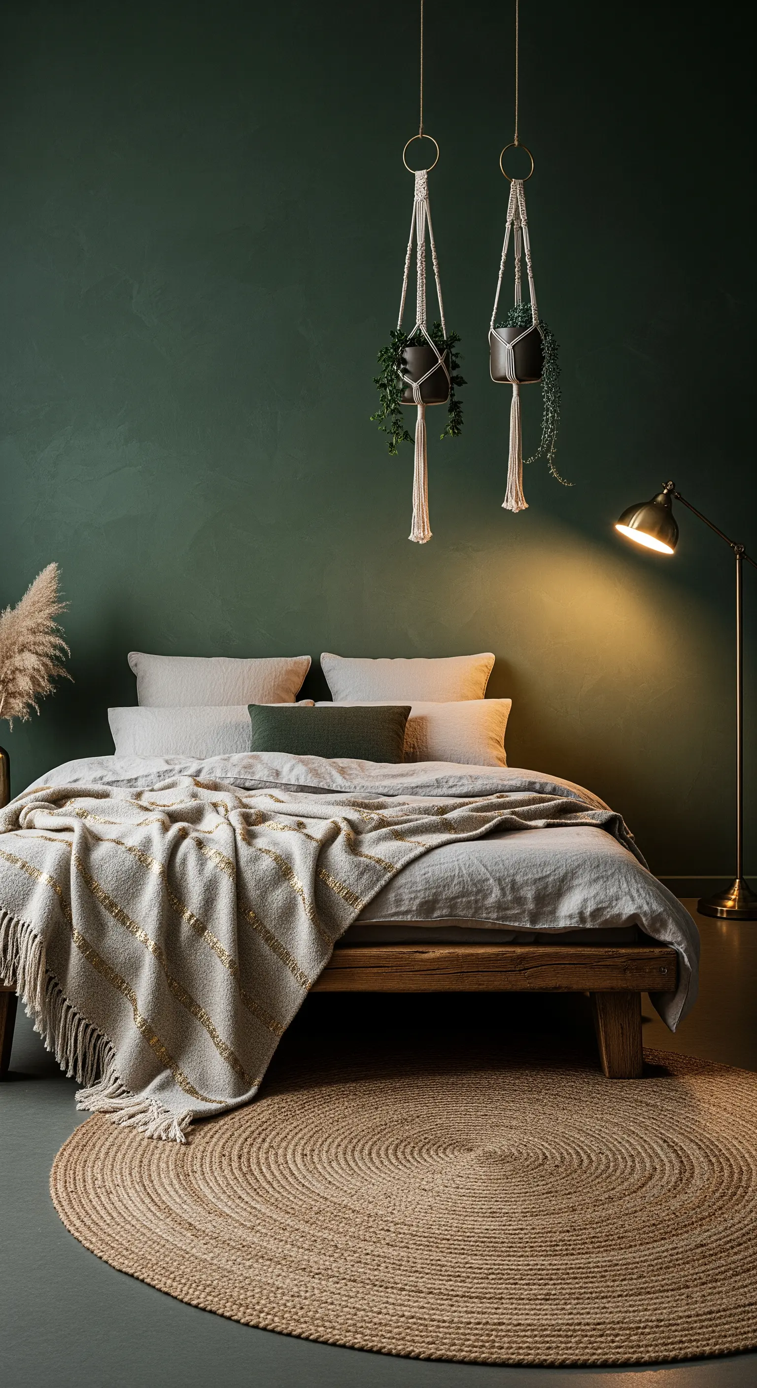 Camera da letto boho con parete verde scuro, letto basso in legno e tappeto di iuta.