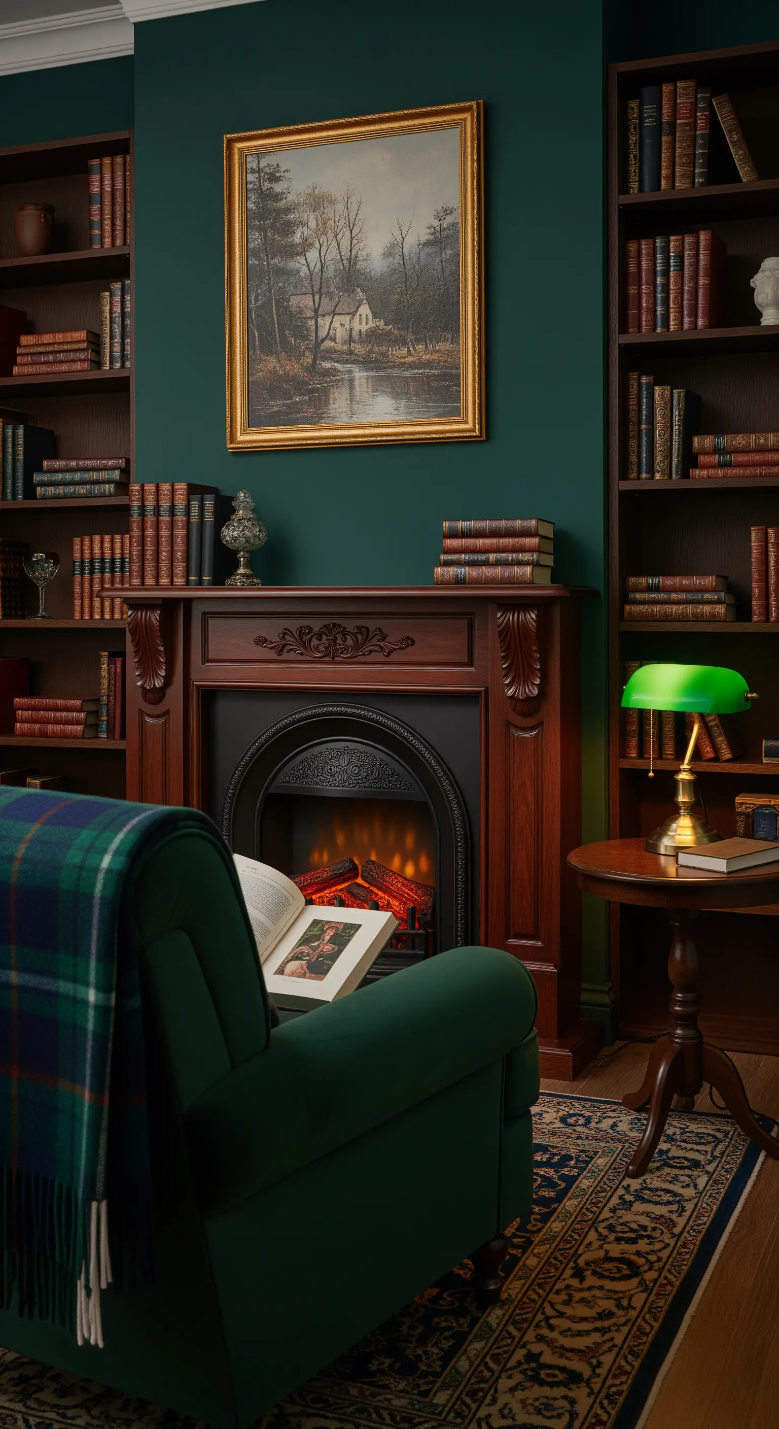 Biblioteca classica con pareti verde scuro, camino in legno e poltrona in velluto verde.