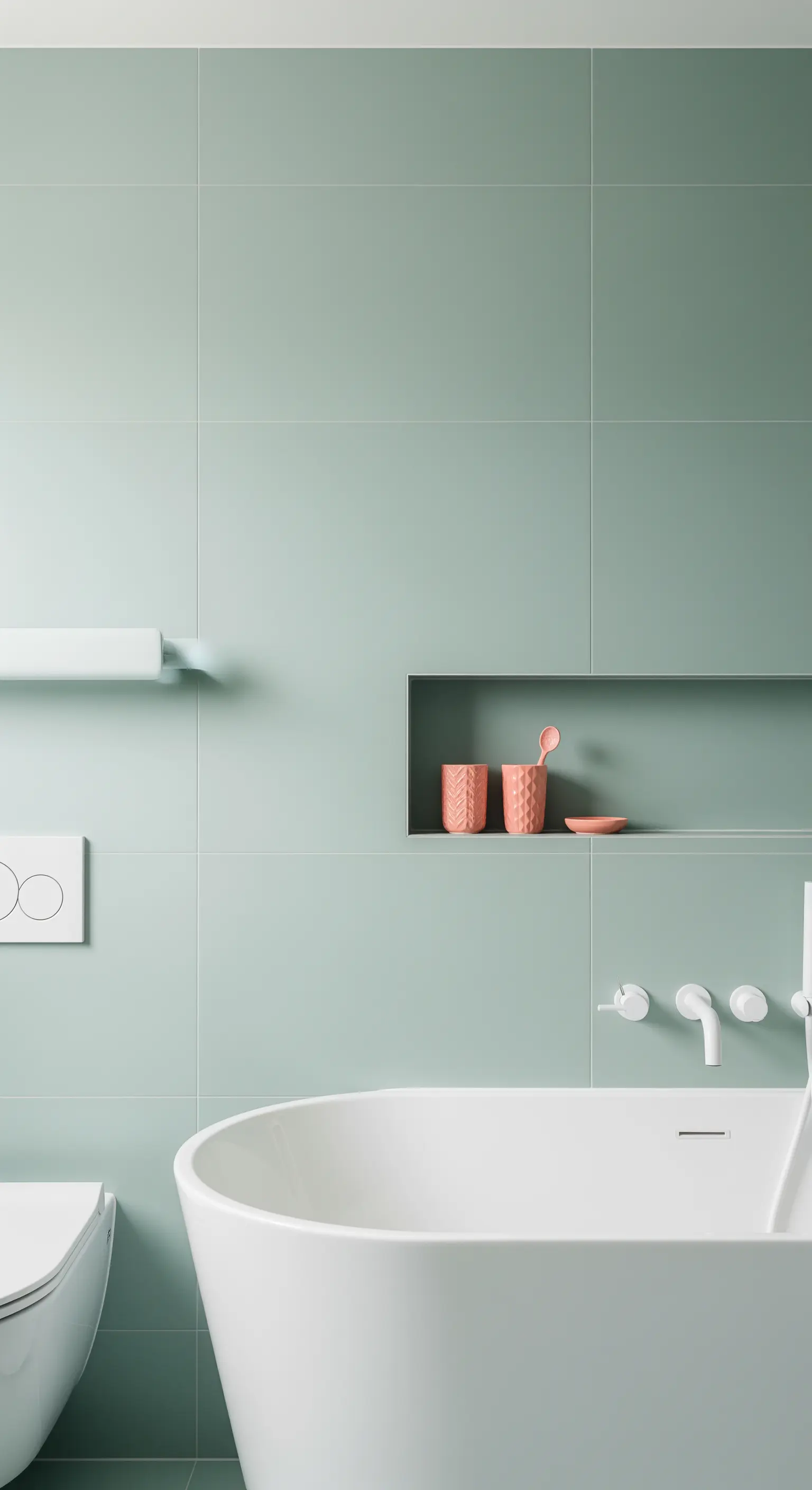 Dettaglio di un bagno verde salvia con accessori color corallo in una nicchia scura.