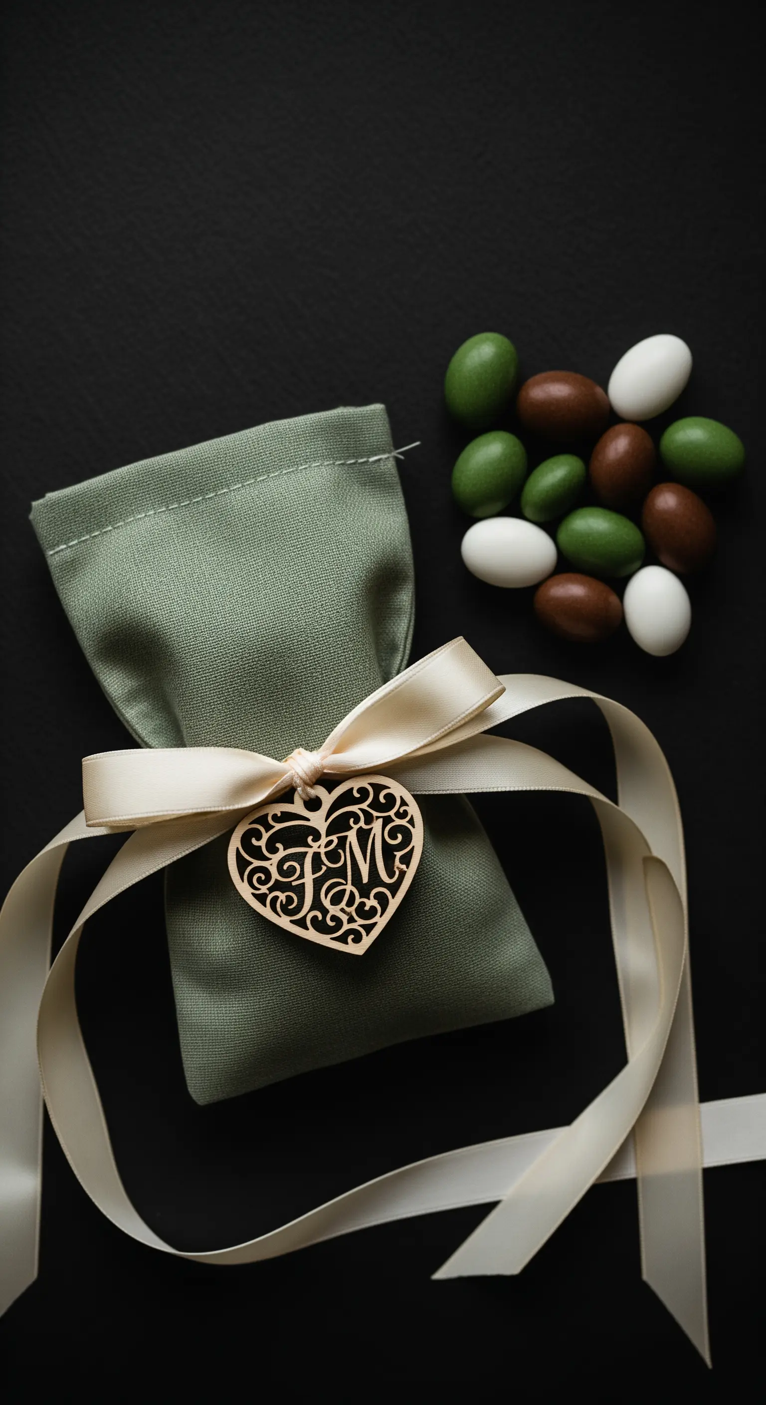 Sacchetto bomboniera verde salvia con ciondolo in legno intagliato a forma di cuore con iniziali.