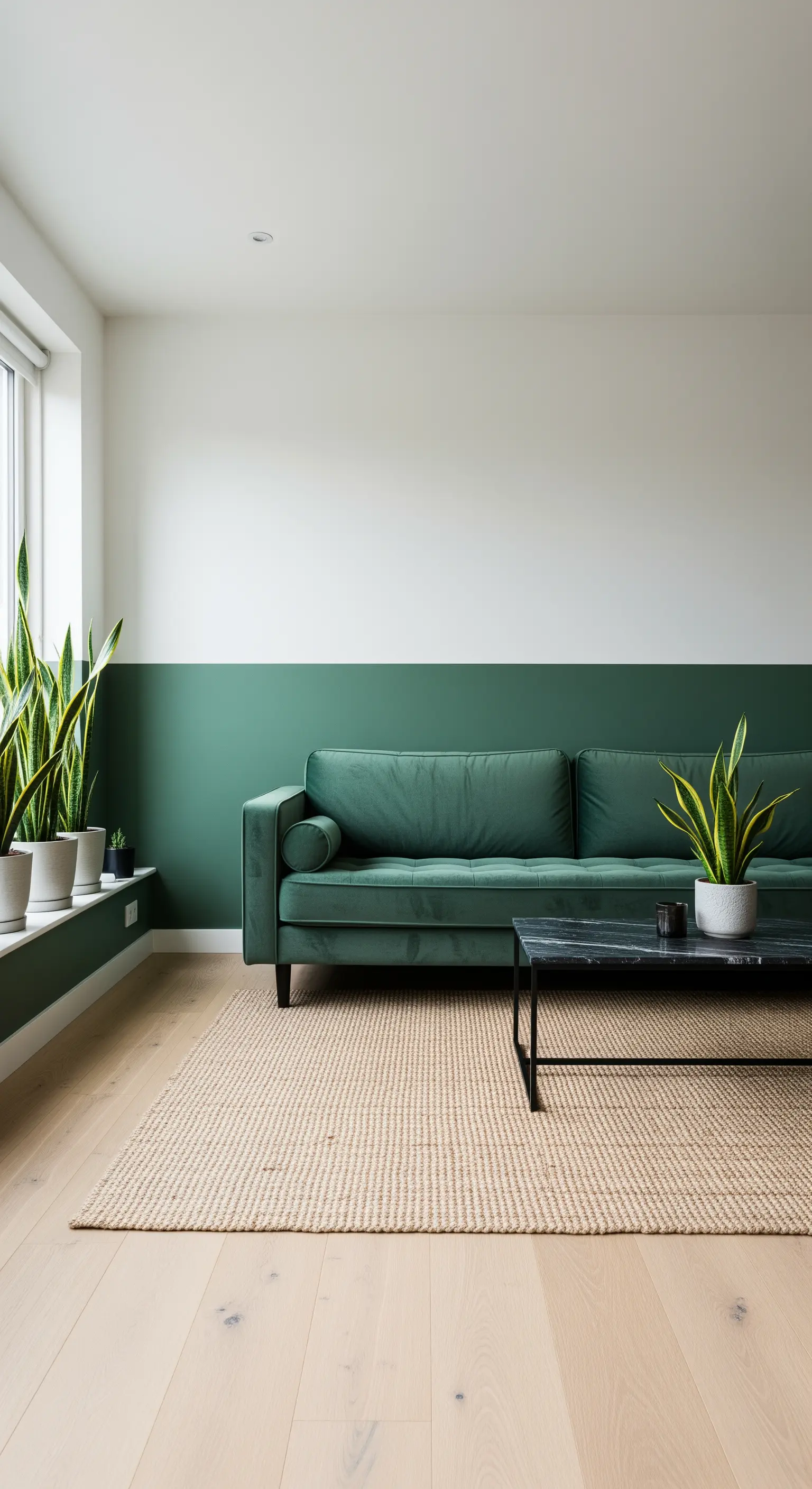 Salotto con mezza parete verde scuro e divano in velluto coordinato.