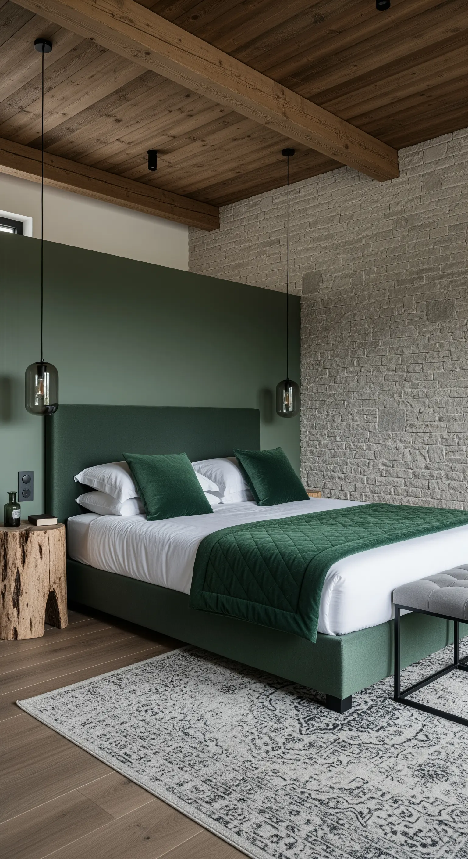 Camera da letto moderna con parete d'accento verde salvia, muro in pietra e letto coordinato.