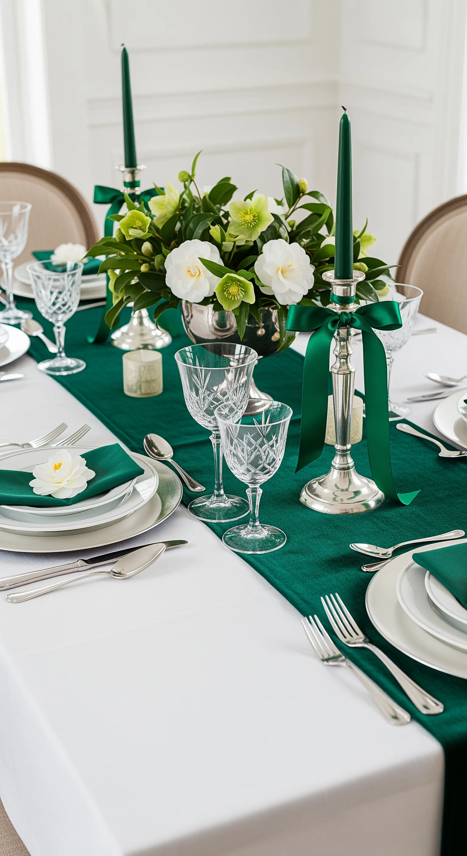 Tavola natalizia con runner e candele verde scuro, candelabri d'argento e nastri di raso.