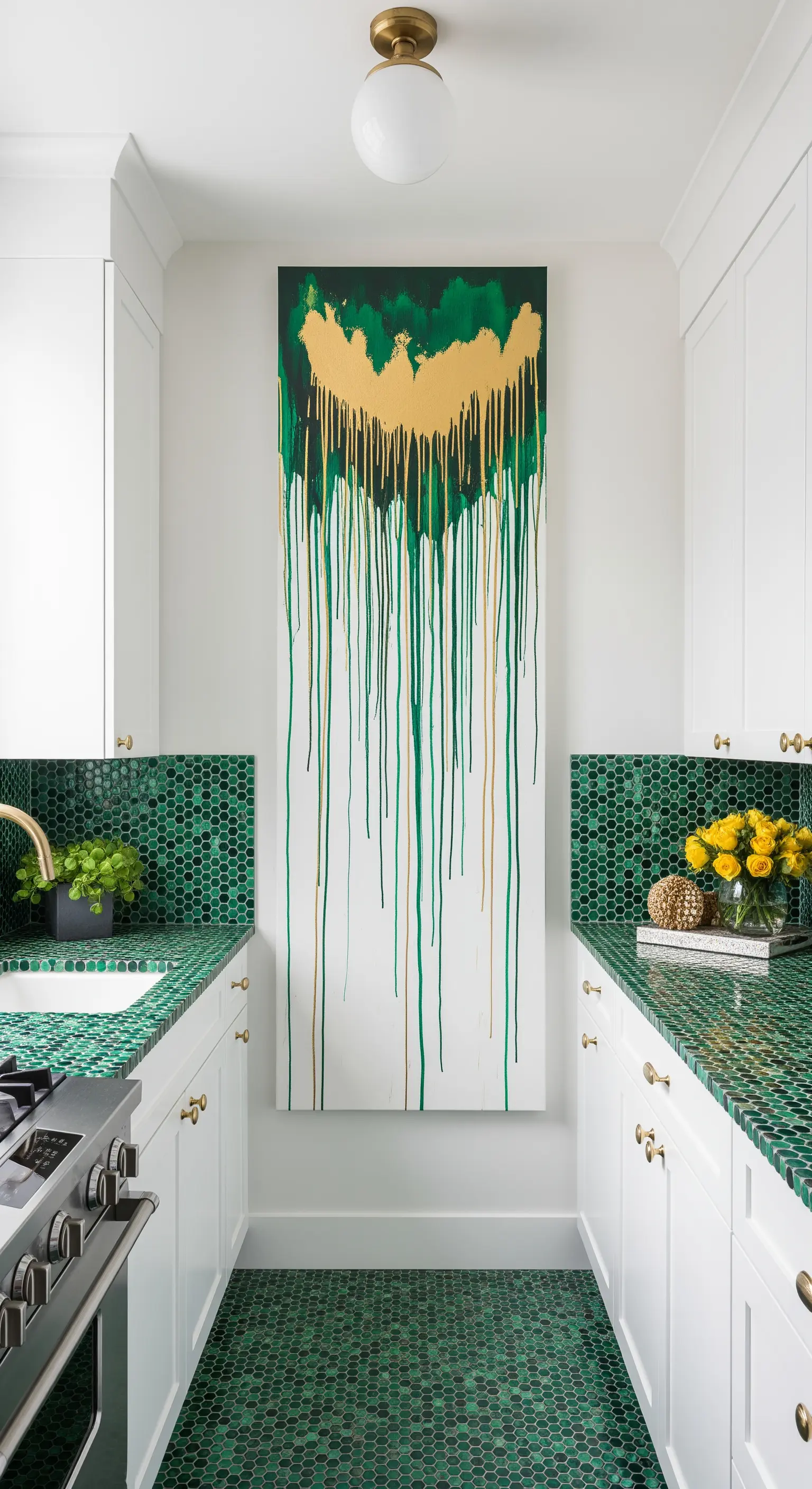 Cucina stretta con piastrelle a mosaico verde smeraldo e un quadro astratto con colature dorate.