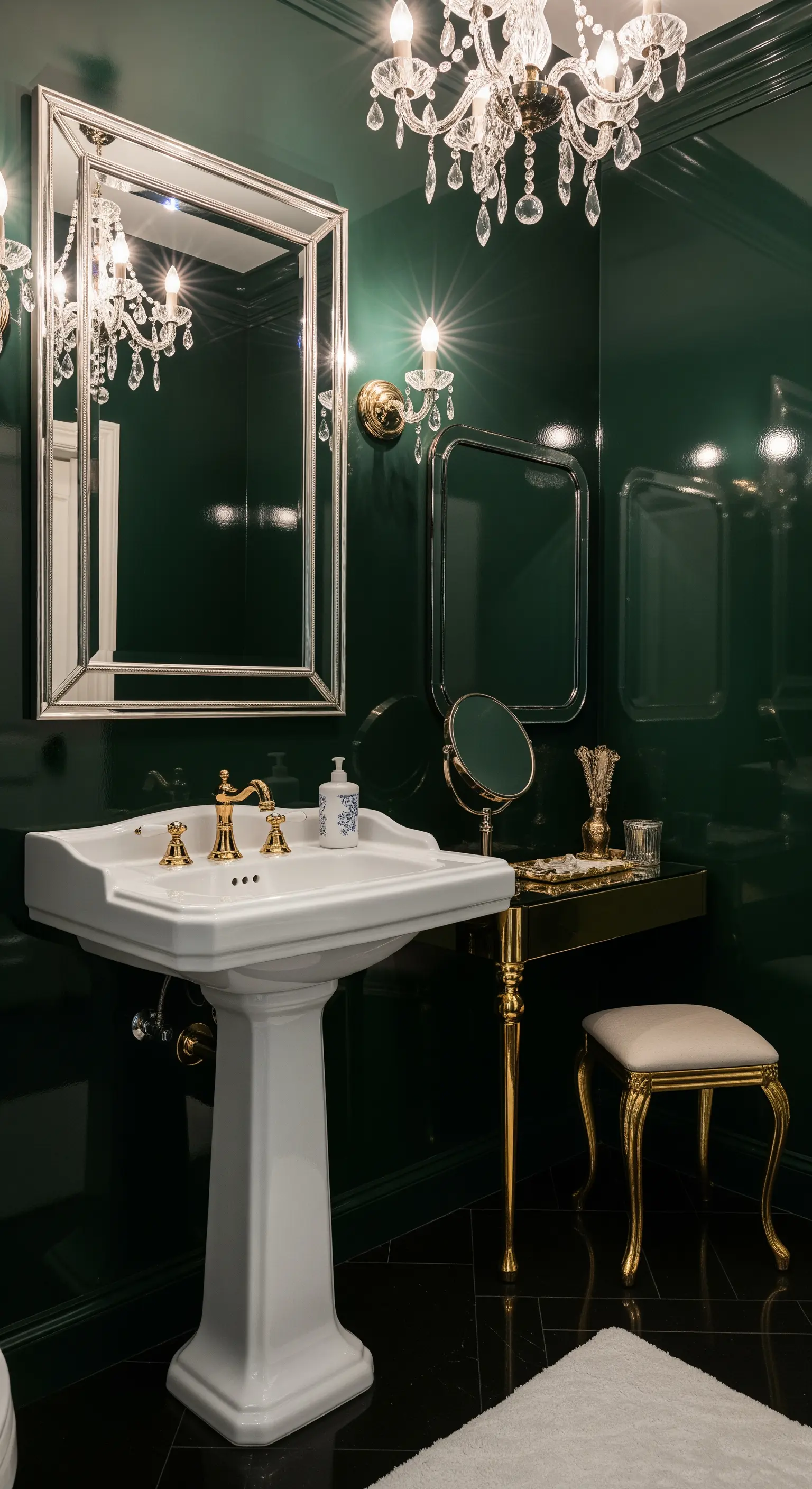 Bagno lussuoso con pareti verde scuro laccate, lampadario e dettagli dorati.