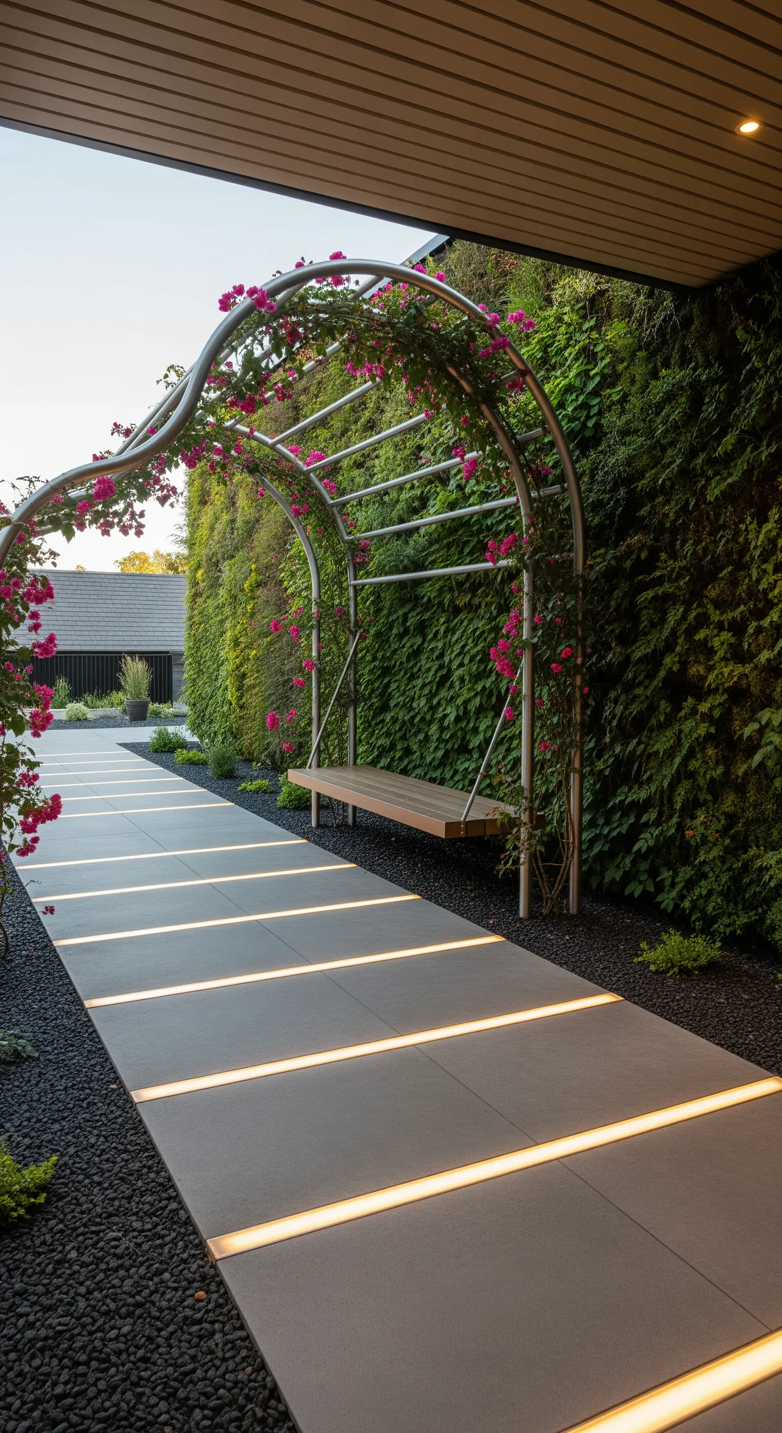 Portico moderno con parete vegetale, una panca-altalena di design e un sentiero luminoso.
