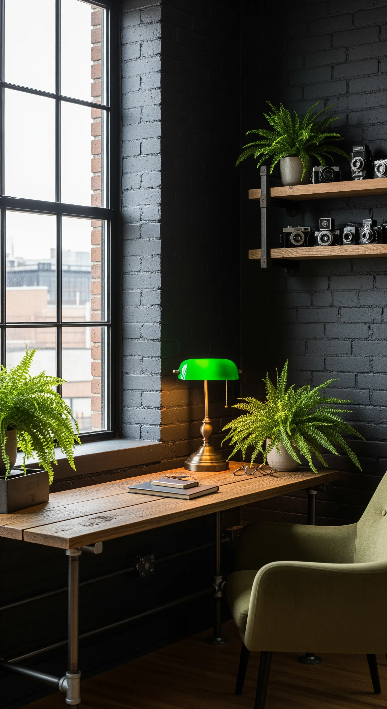 Angolo studio con scrivania in legno, lampada verde e piante su sfondo di mattoni neri.