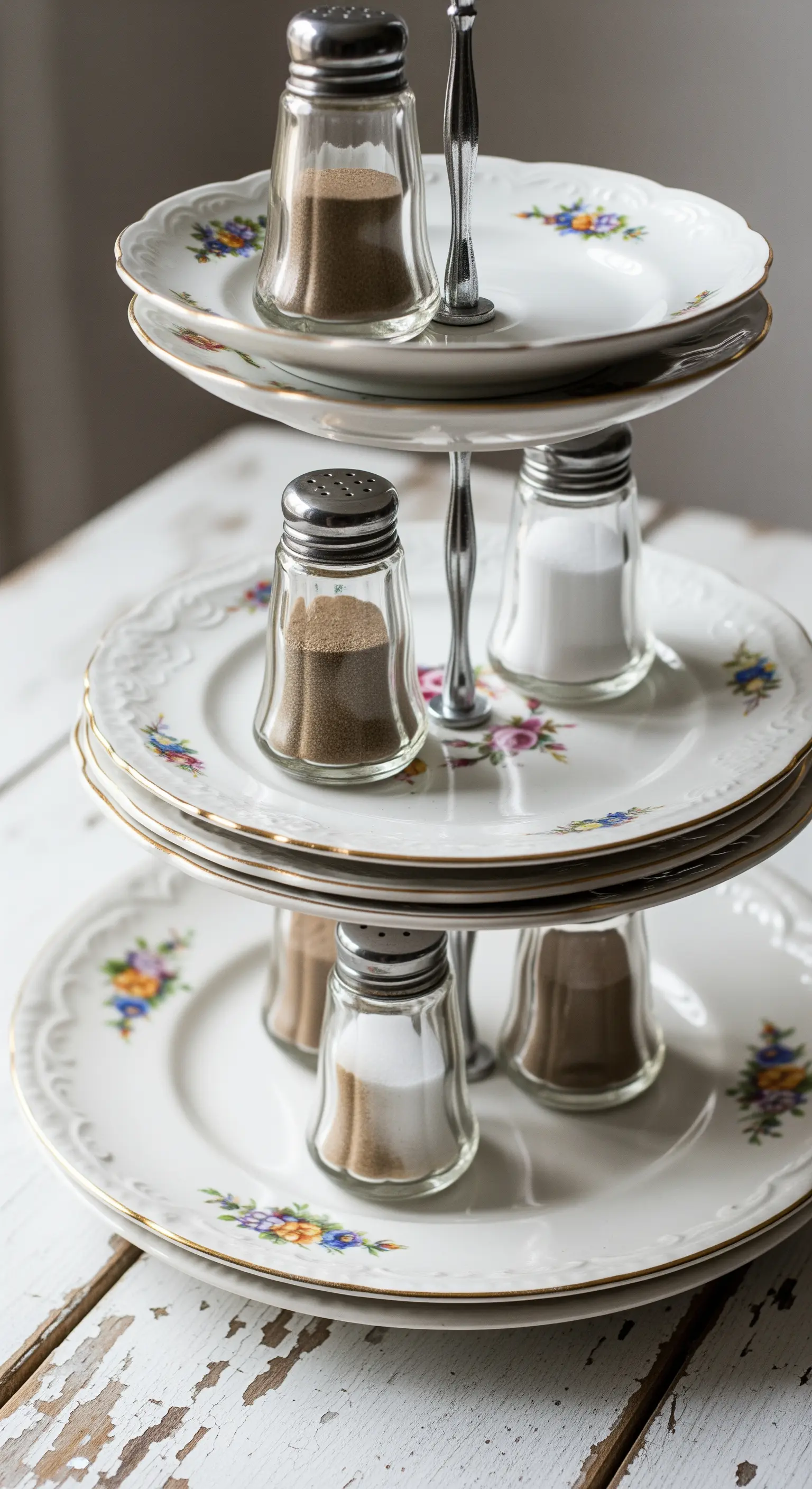 Alzata a tre piani creata con piatti vintage floreali spaiati per contenere saliere e pepiere