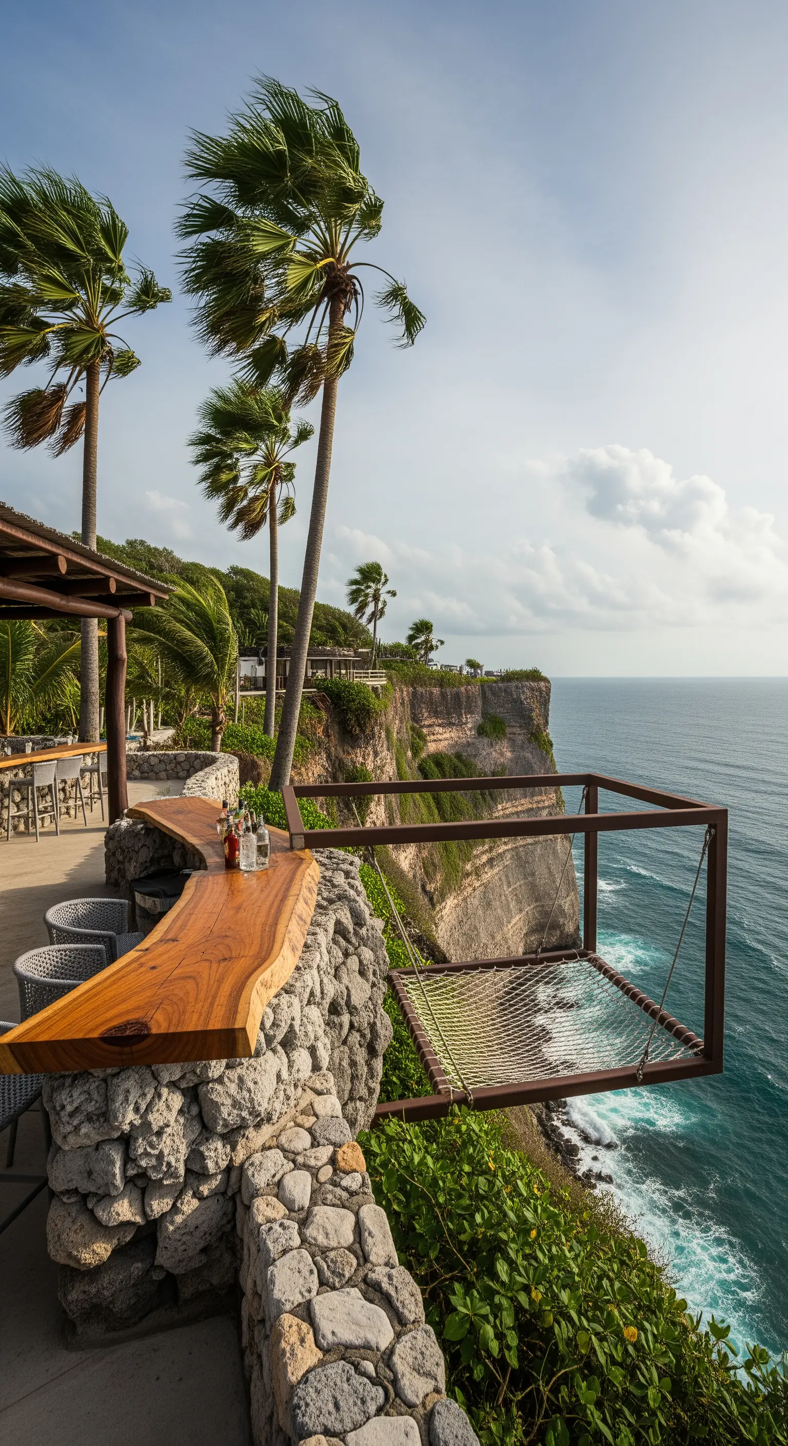 Bar su una scogliera con amaca in una struttura metallica sospesa sopra l'oceano.
