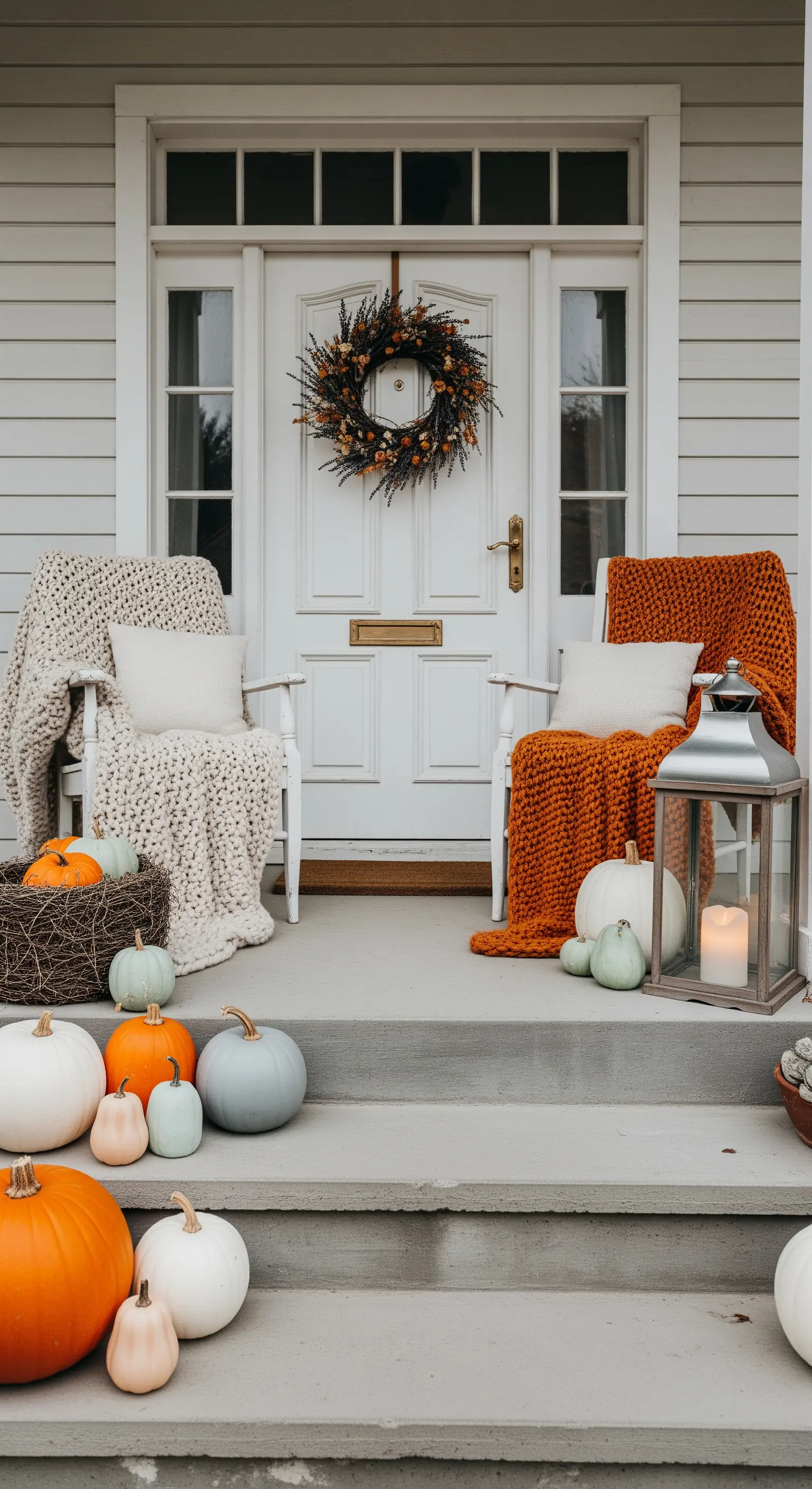 Portico autunnale con sedie bianche, coperte a maglia grossa, zucche e una ghirlanda.