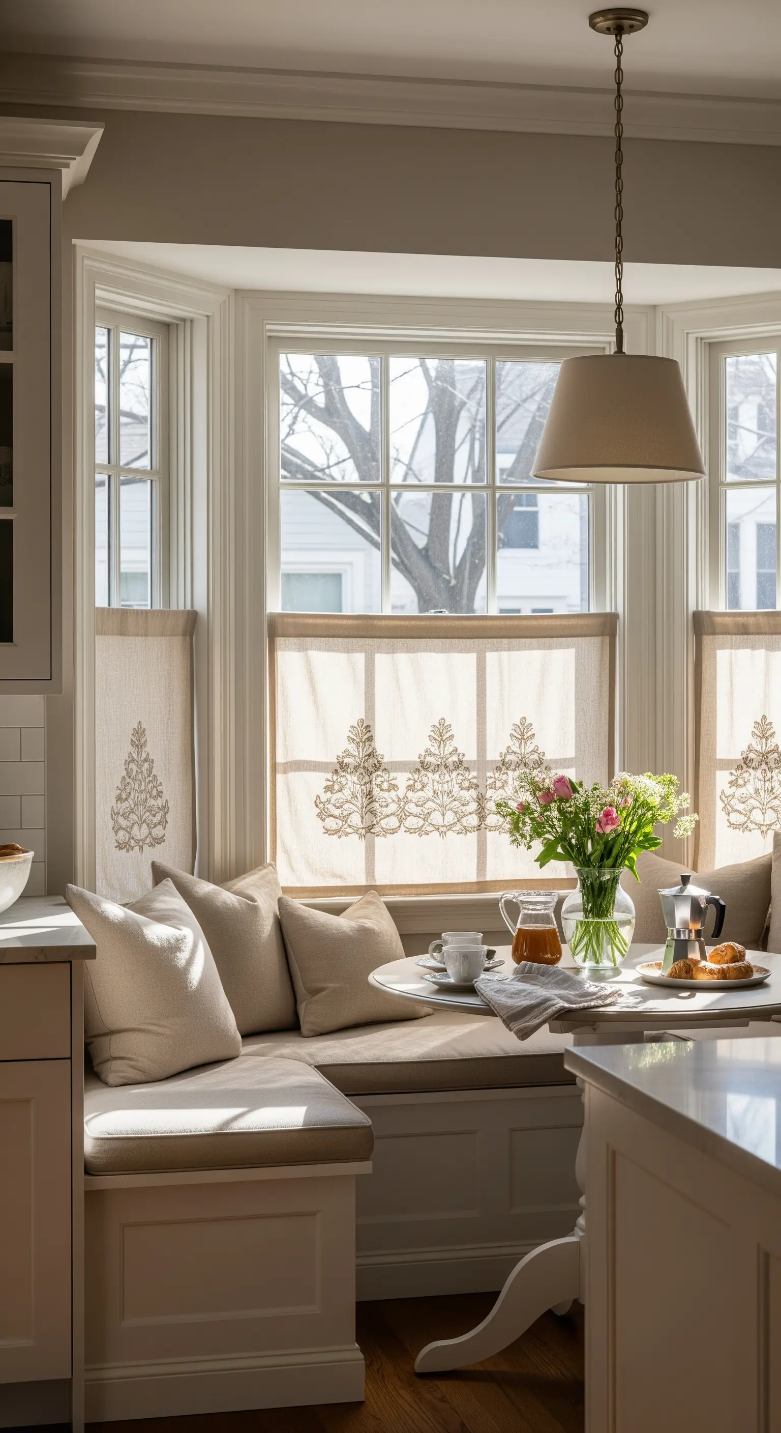 Angolo colazione con panca e tende a pannello ricamate in lino.