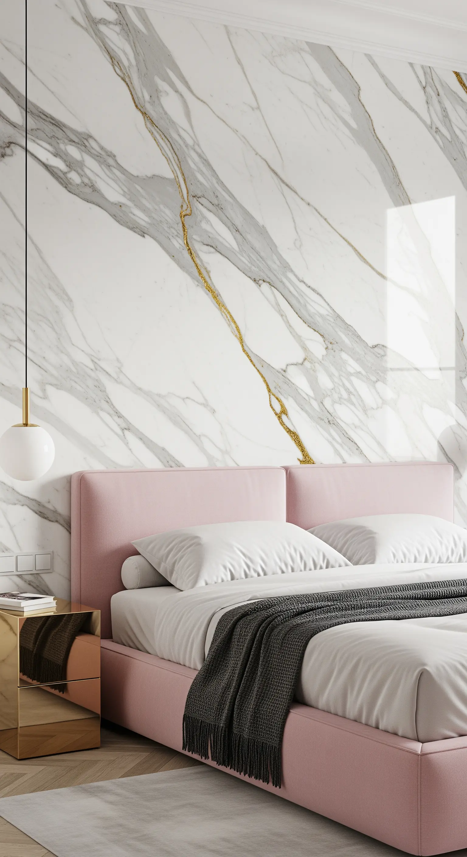 Parete in marmo bianco con venature dorate dietro a un letto sommier rosa.