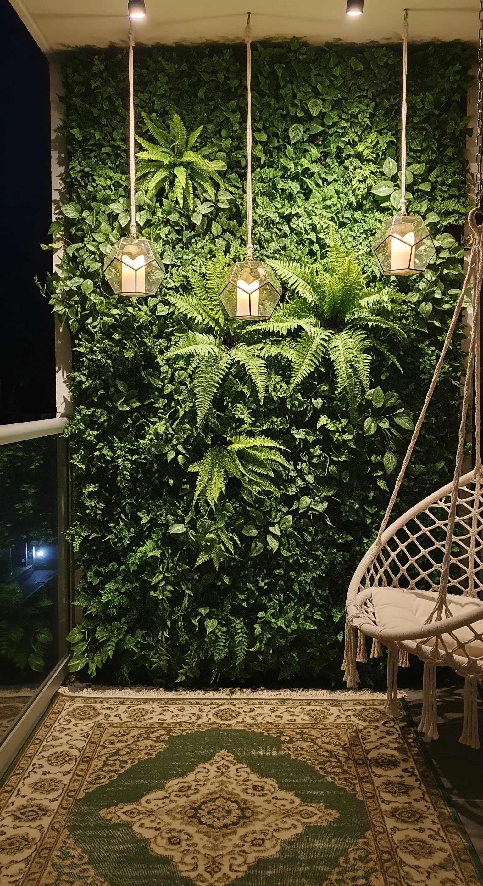 Poltrona sospesa in macramè davanti a una parete interamente ricoperta di piante verdi.