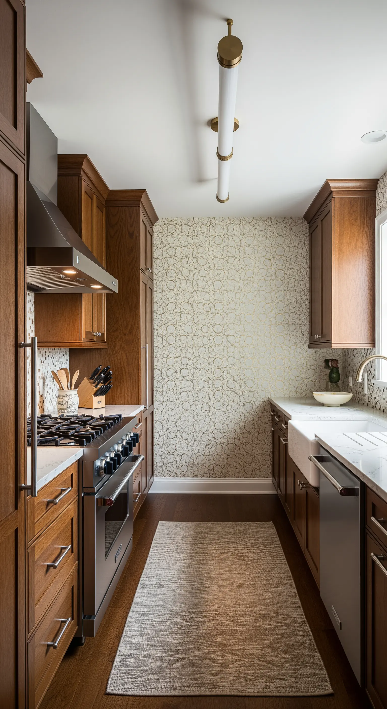 Cucina a corridoio con mobili in legno e carta da parati dorata con motivo a cerchi.