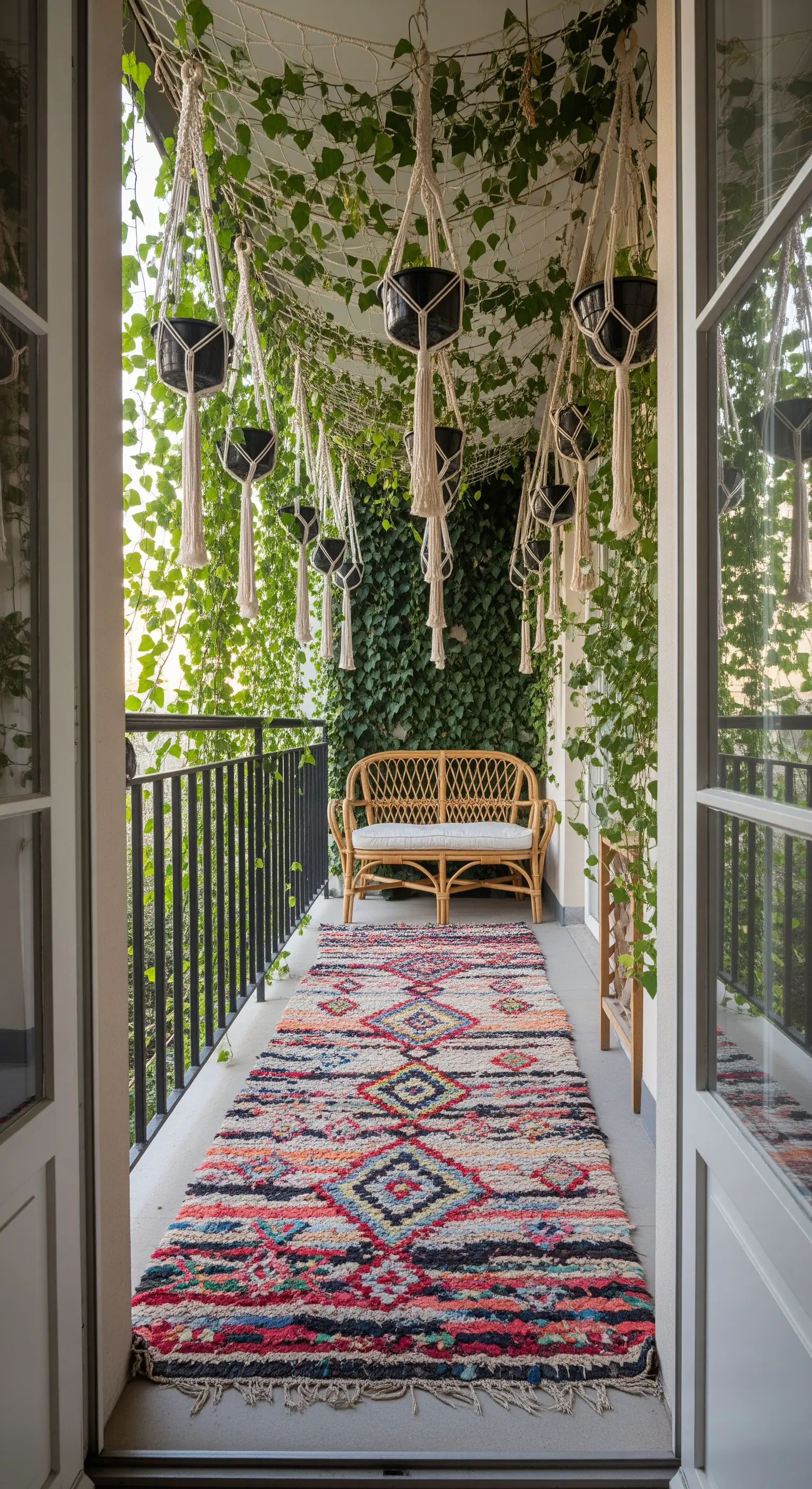 Balcone stretto con parete di edera, panca in rattan e tappeto runner colorato.