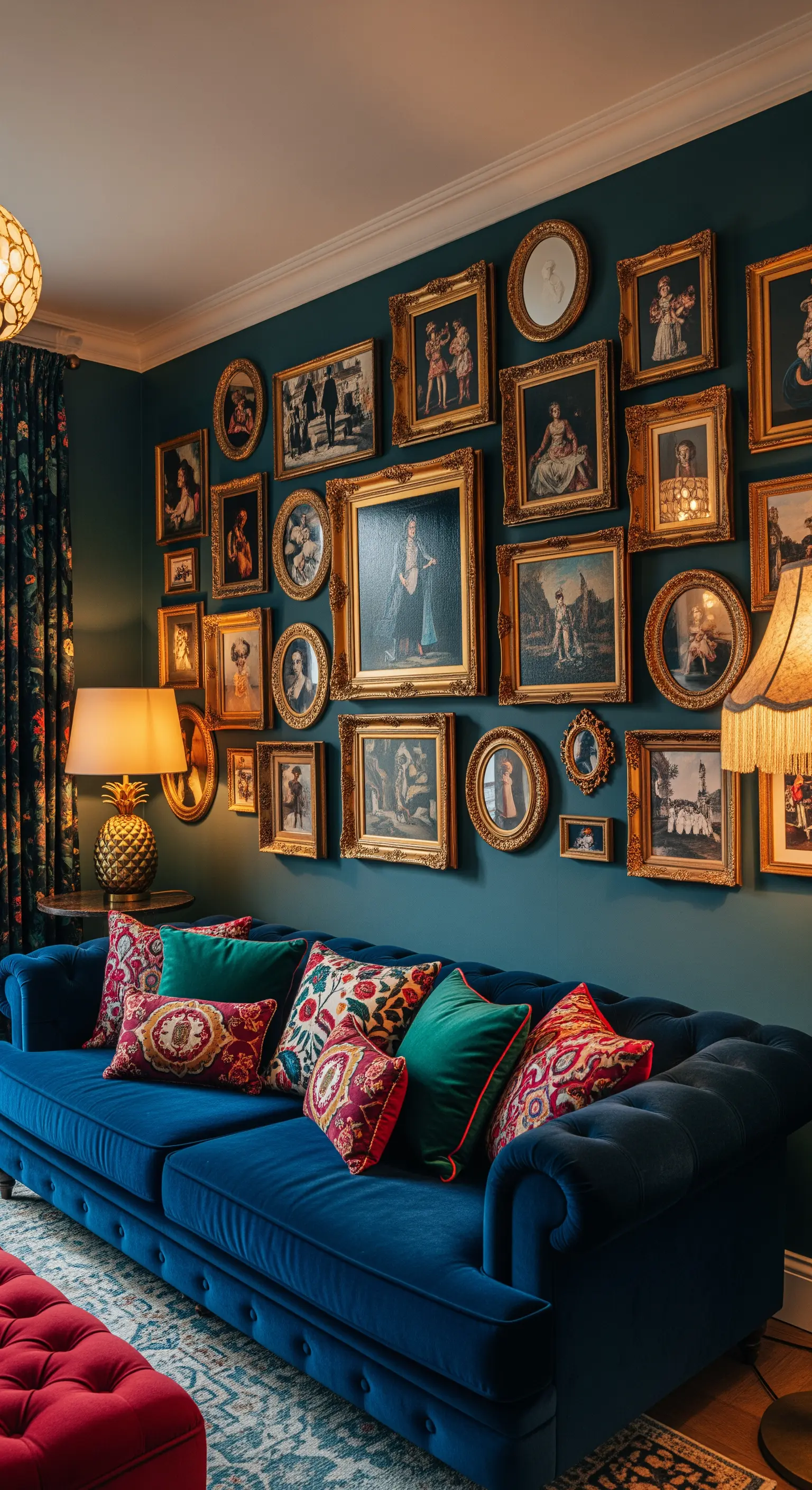 Divano Chesterfield blu davanti a una parete scura coperta di quadri con cornici dorate.