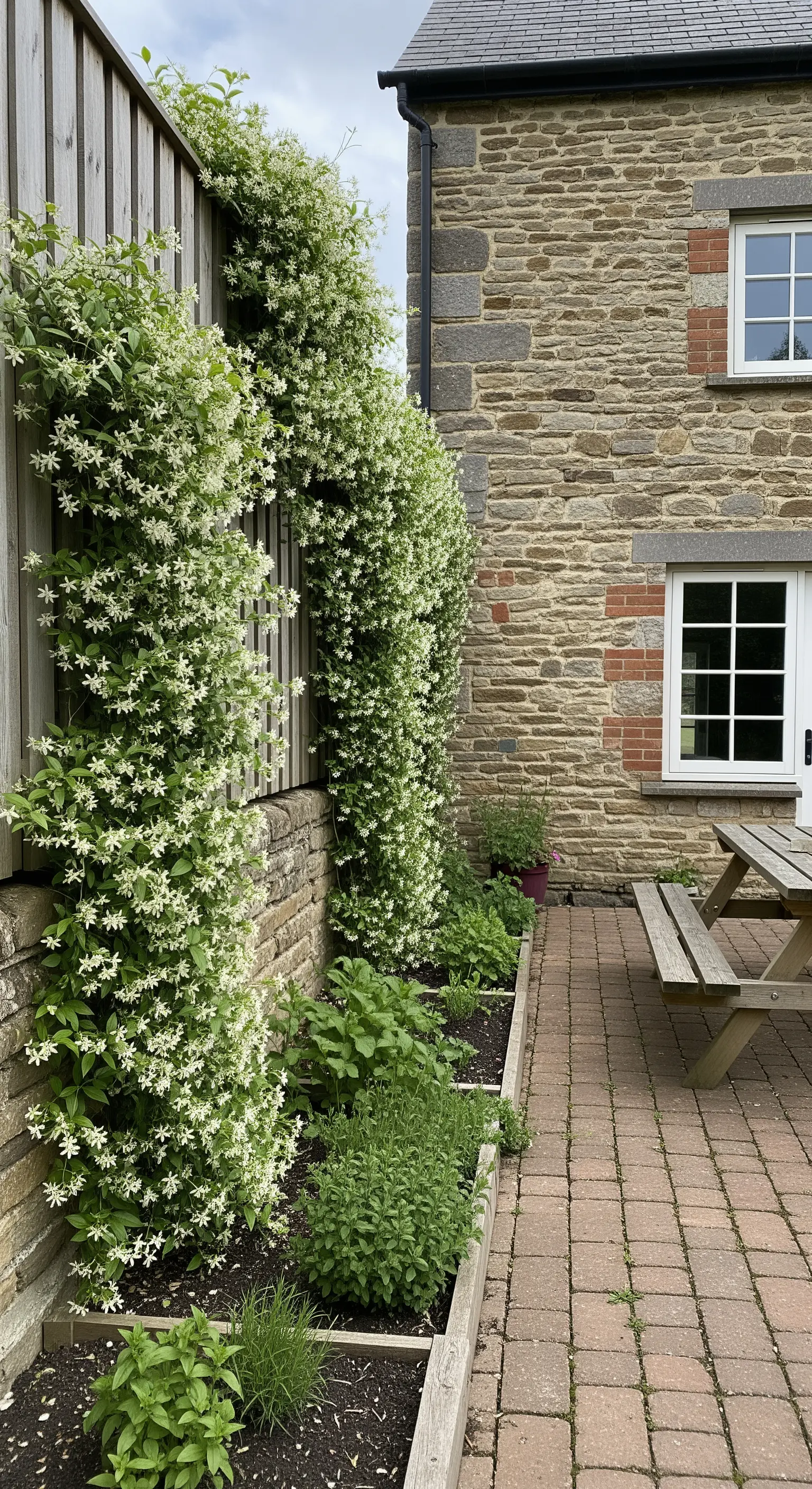Gelsomino fiorito che si arrampica su una recinzione in legno accanto a un patio.