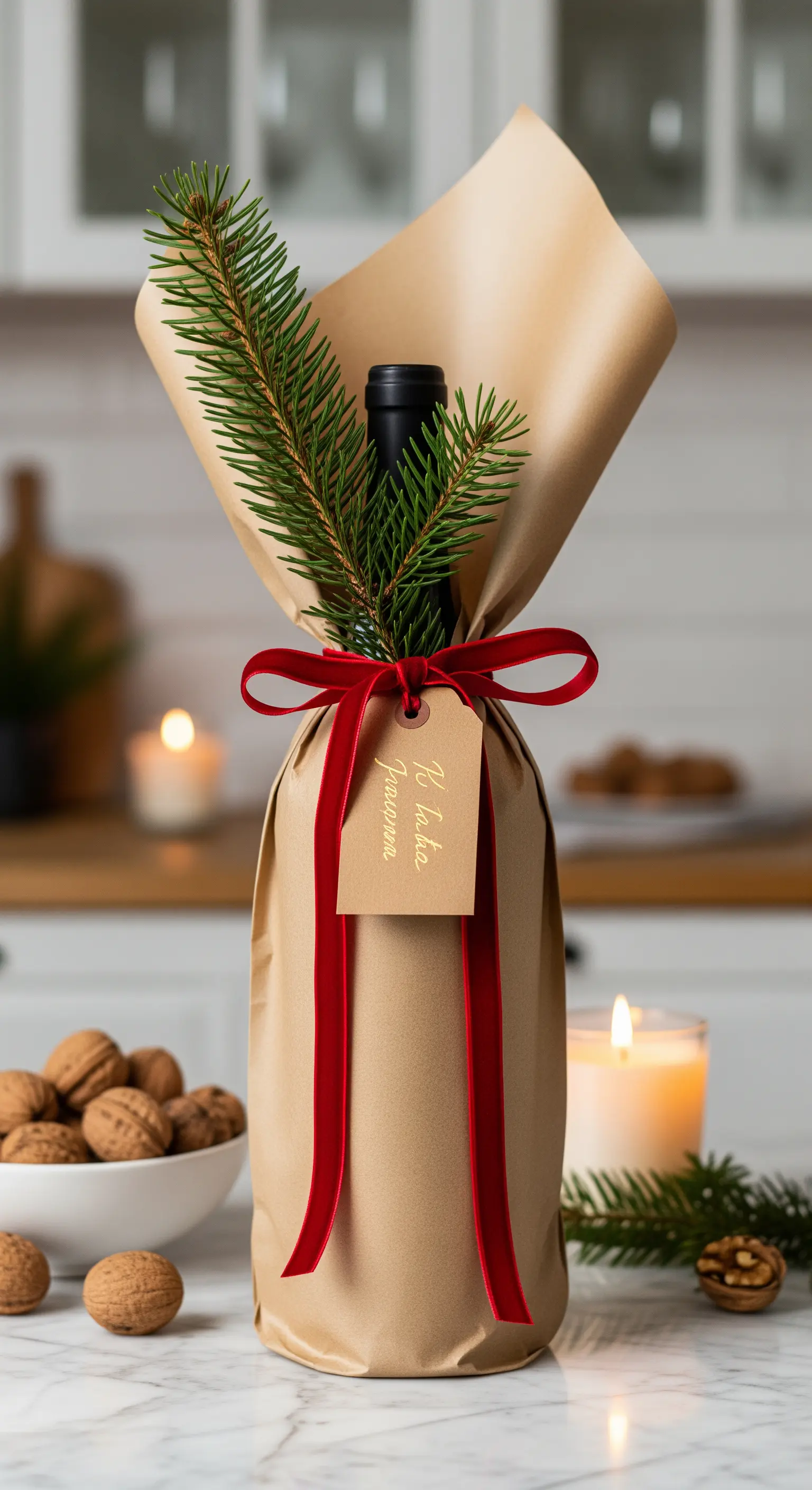 Bottiglia di vino avvolta in carta kraft con un ramo di pino e nastro di velluto rosso.