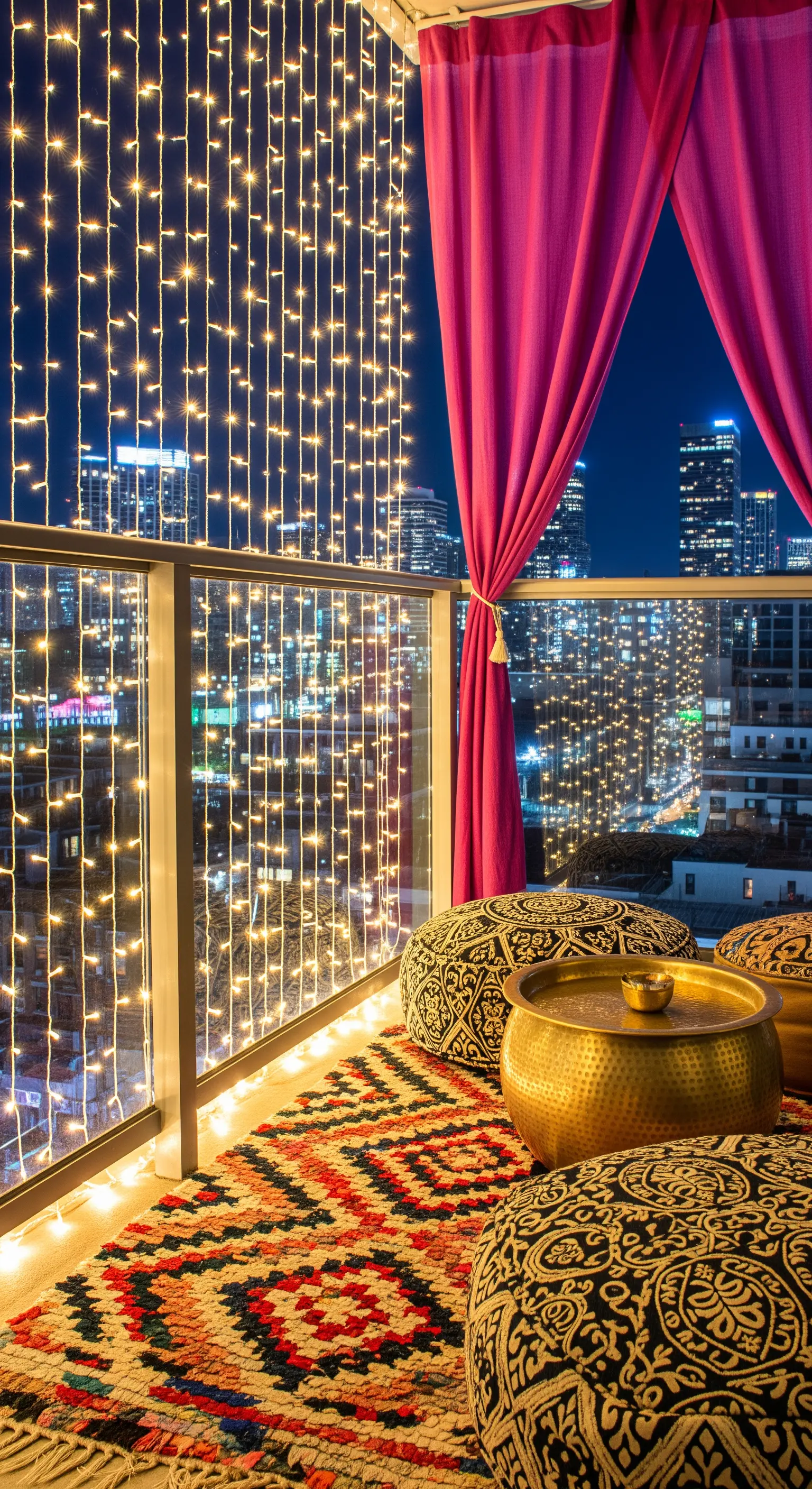 Balcone con vista sulla città, tenda di luci, tappeto etnico e pouf marocchini.