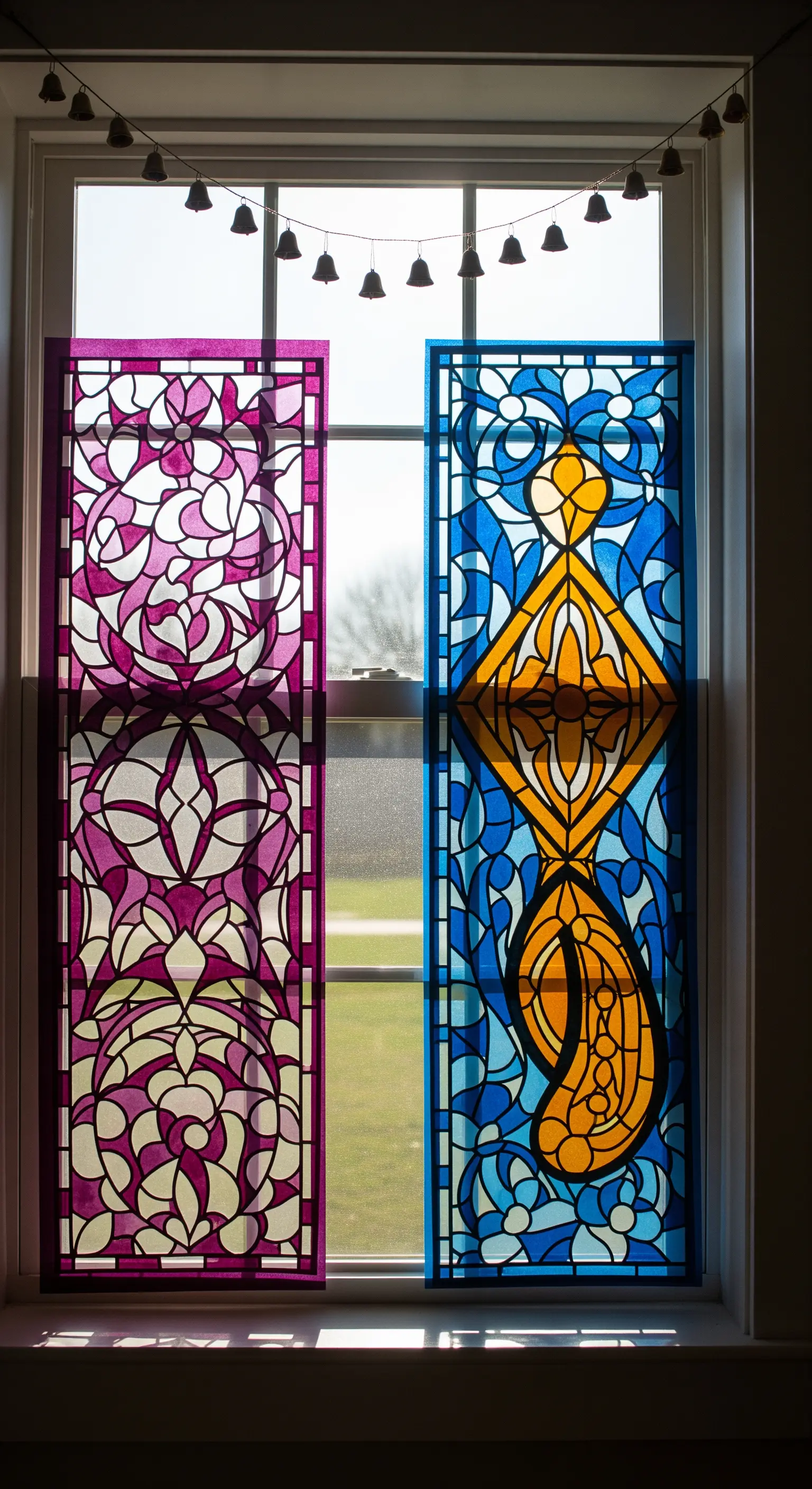 Pannelli colorati effetto vetro piombato appoggiati al davanzale di una finestra.