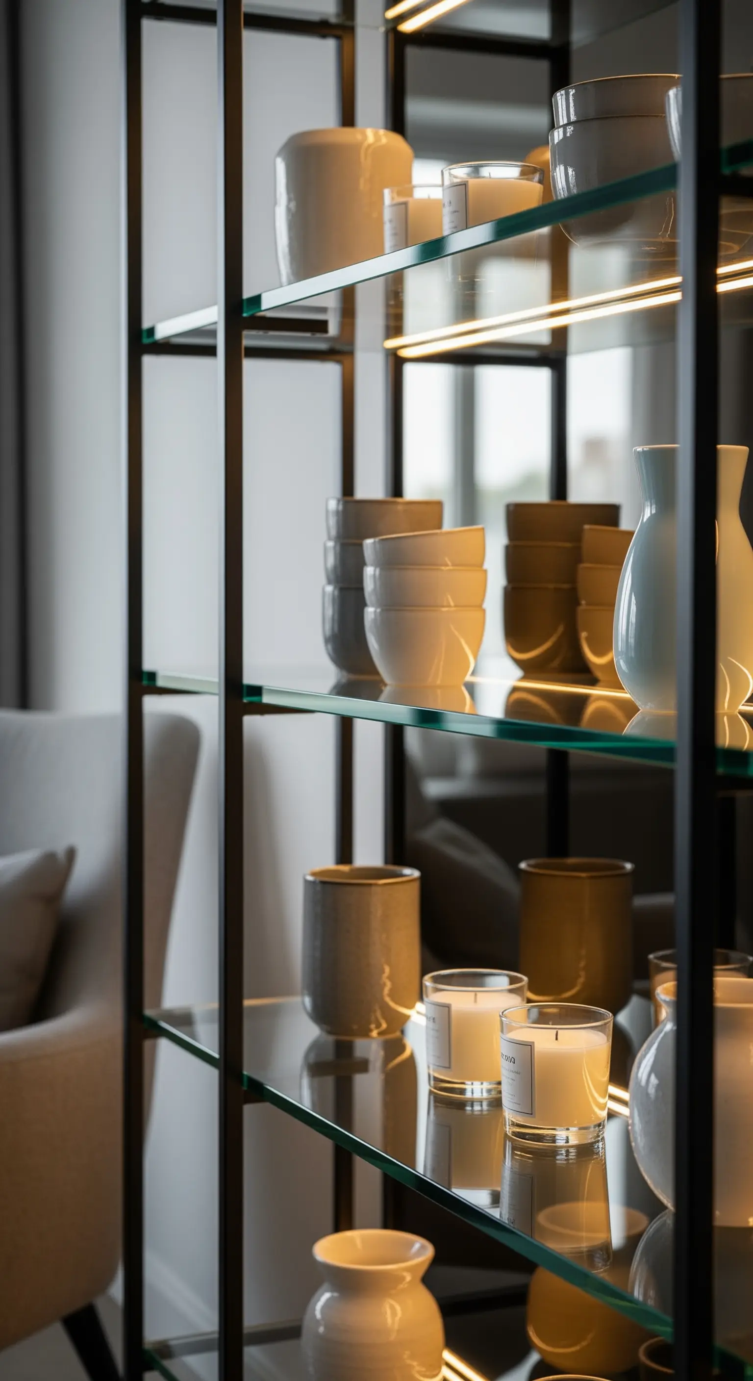 Dettaglio di una libreria nera con ripiani in vetro e illuminazione LED integrata.