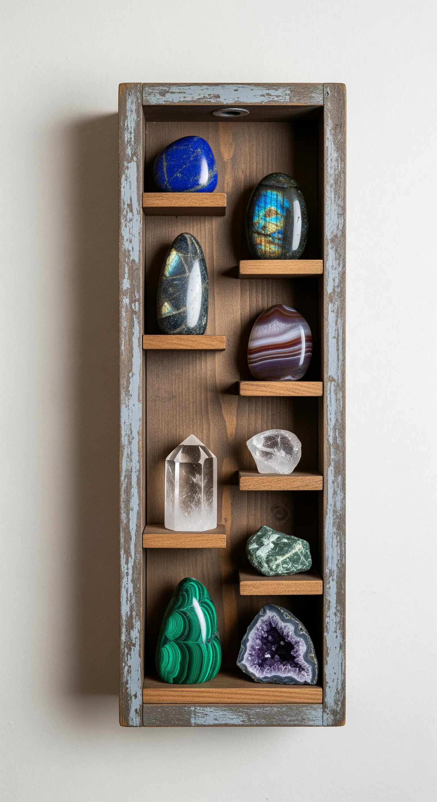 Cassetto in legno verticale con mensole interne che espongono una collezione di cristalli e minerali.