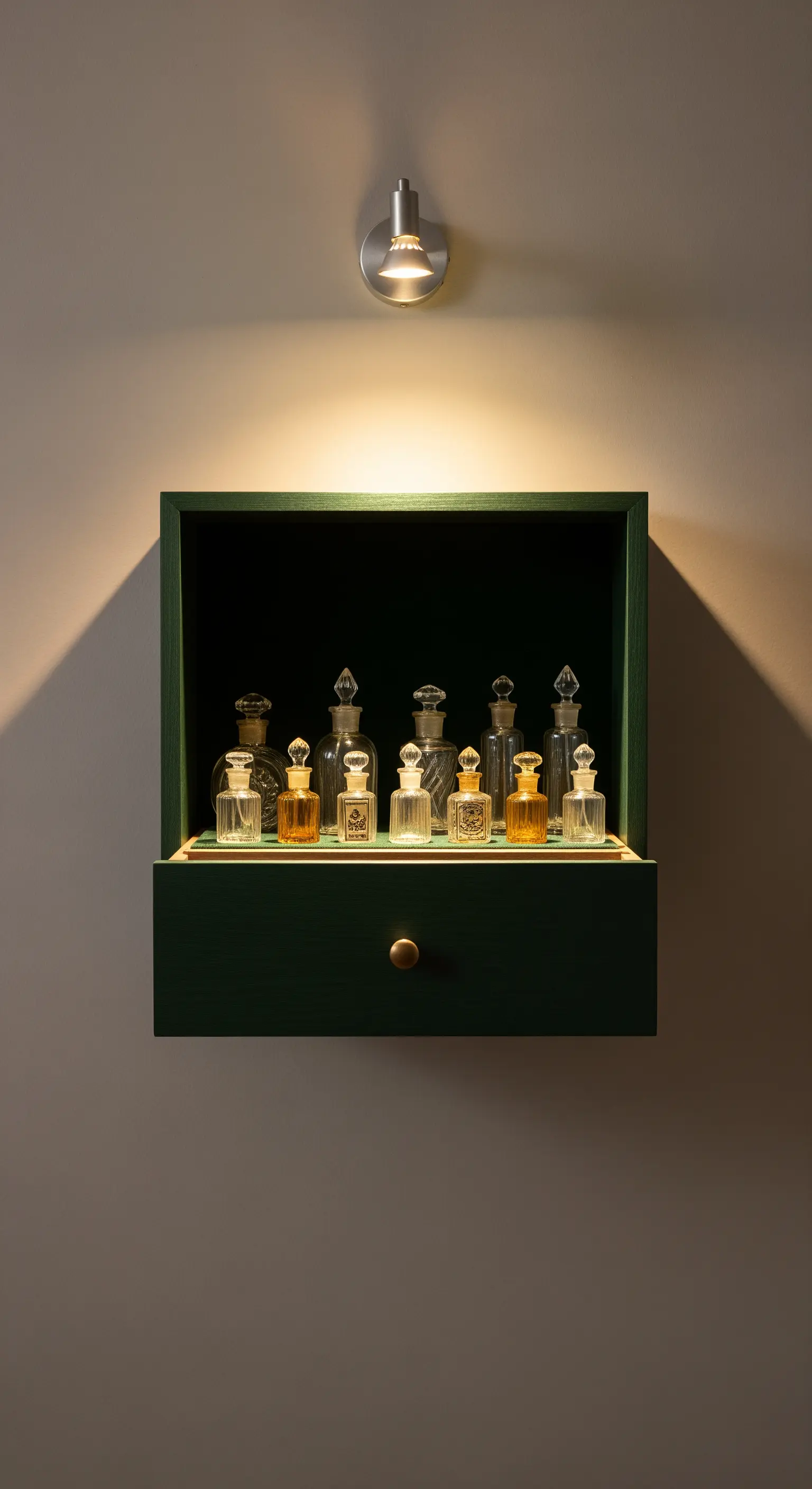 Cassetto verde scuro usato come vetrina illuminata per una collezione di boccette di profumo antiche.
