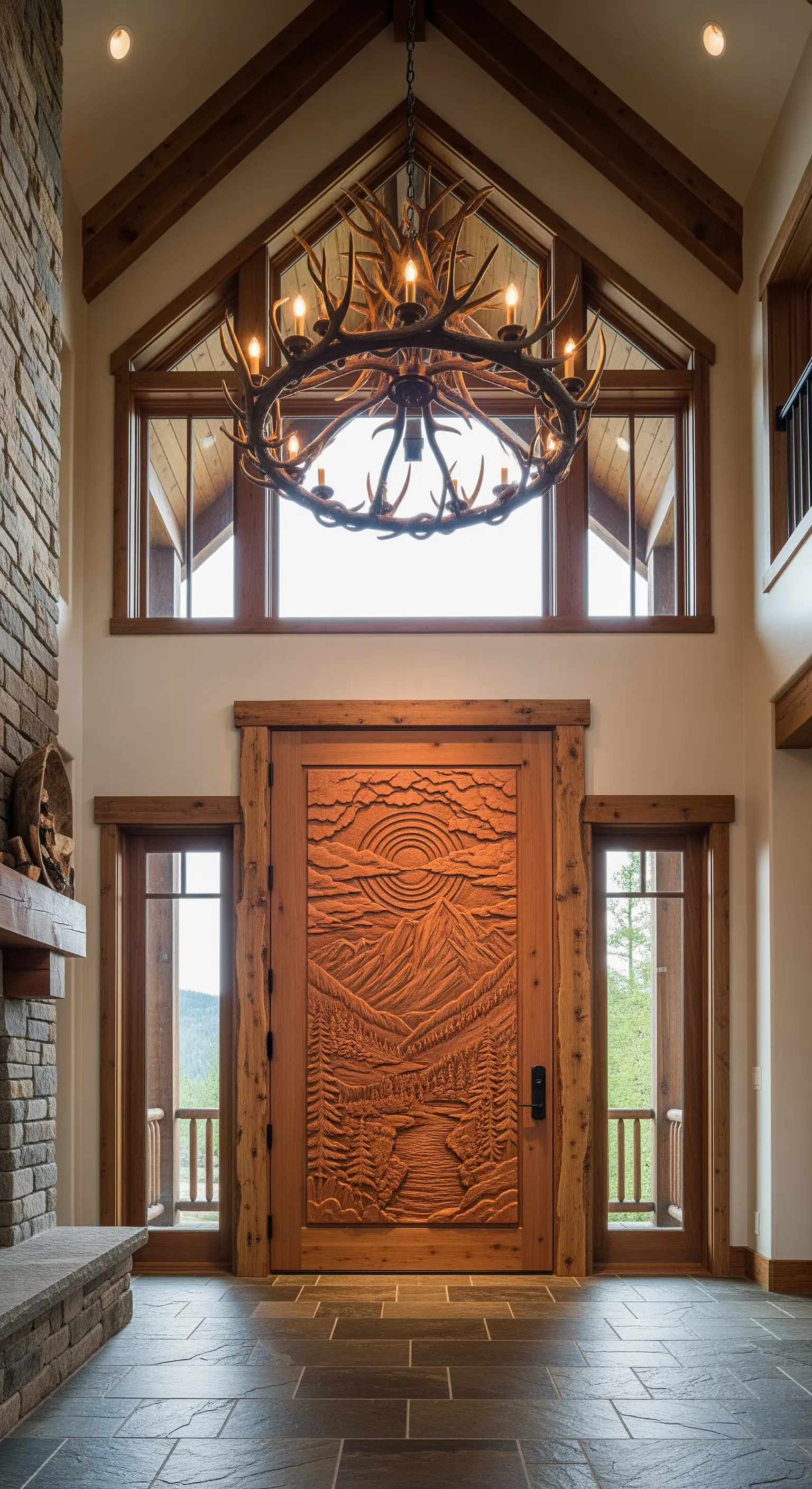 Ingresso di uno chalet con porta intagliata con un paesaggio montano e un lampadario fatto di corna.