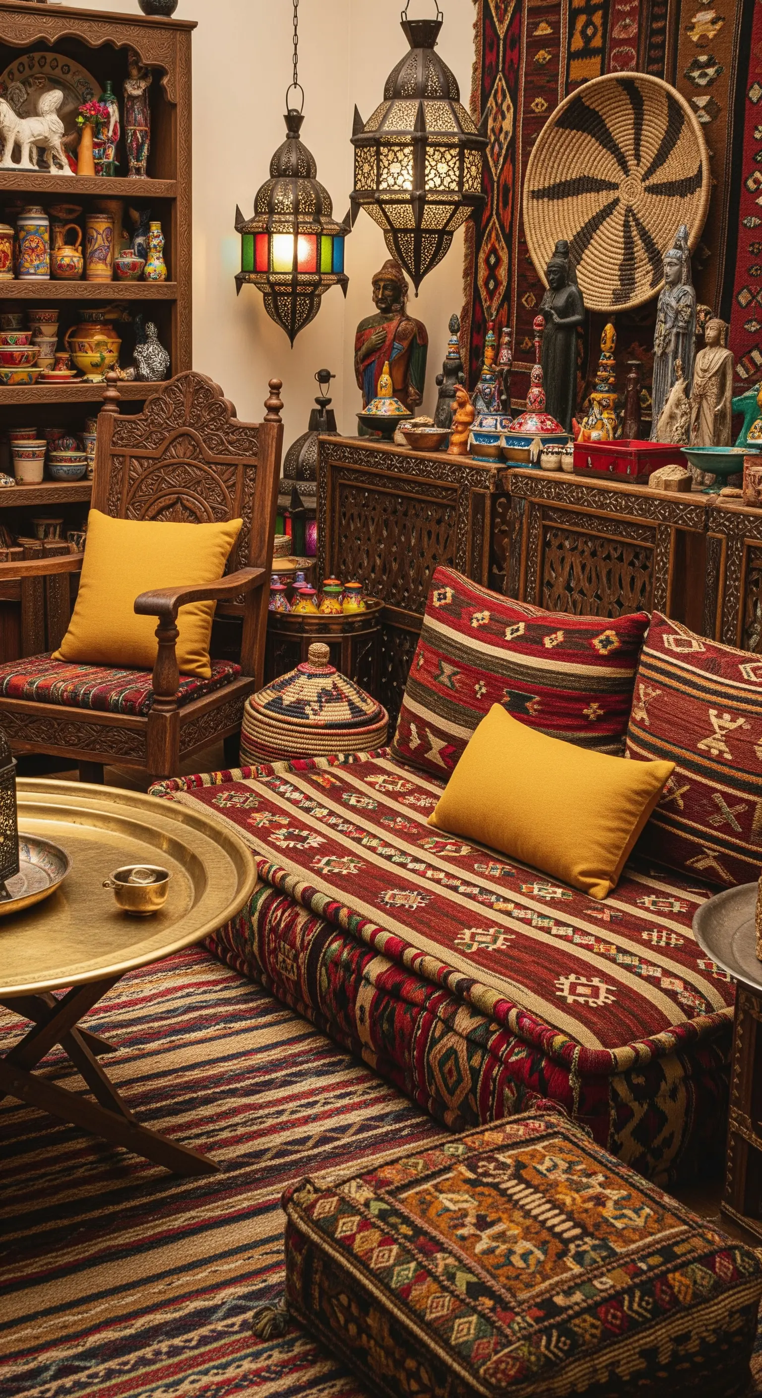 Salotto in stile etnico con tappeti kilim, lanterne marocchine e cuscini color senape.