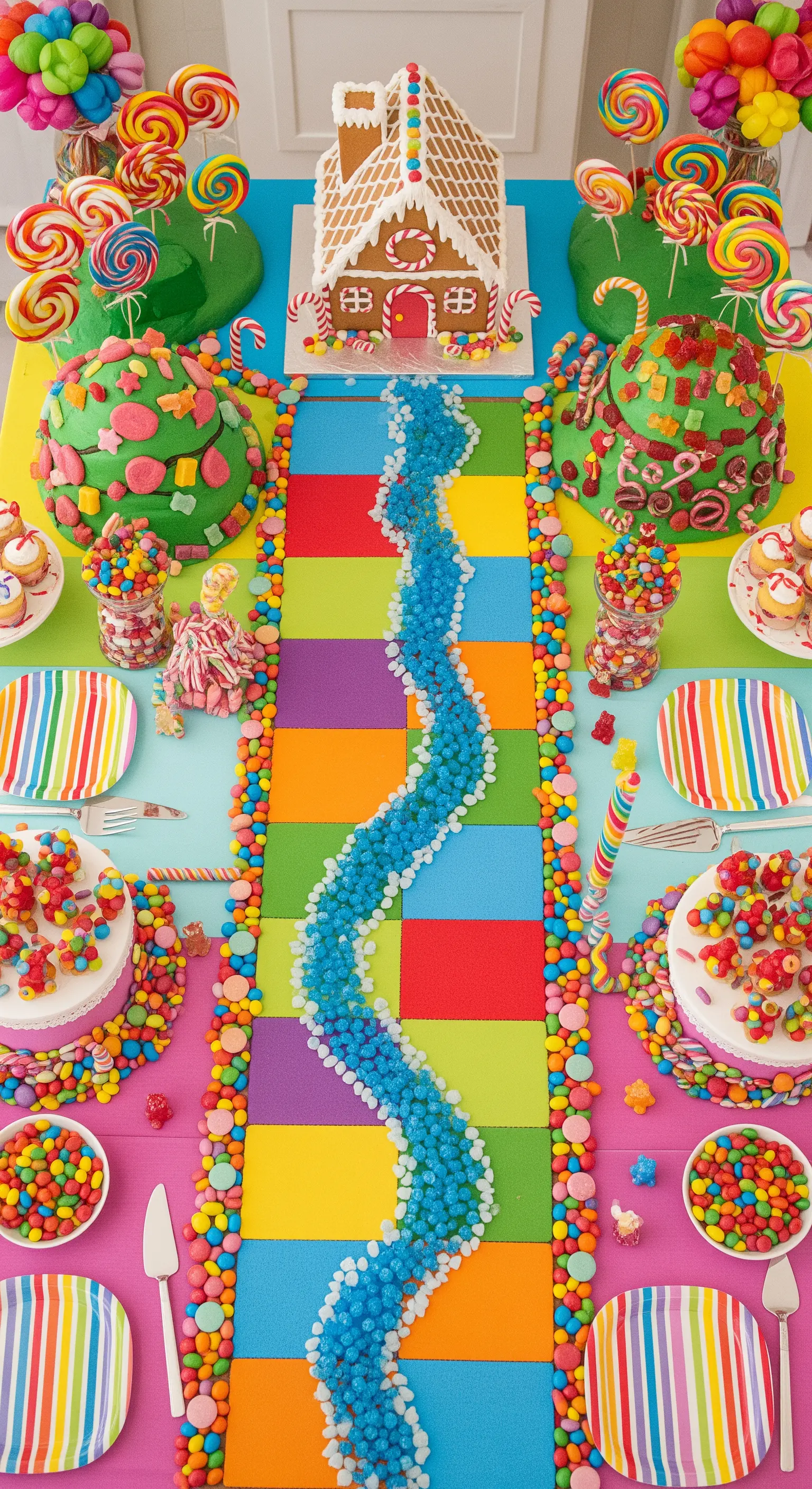 Tavola ispirata a Candyland con un fiume di caramelle, lecca-lecca giganti e torte colorate.