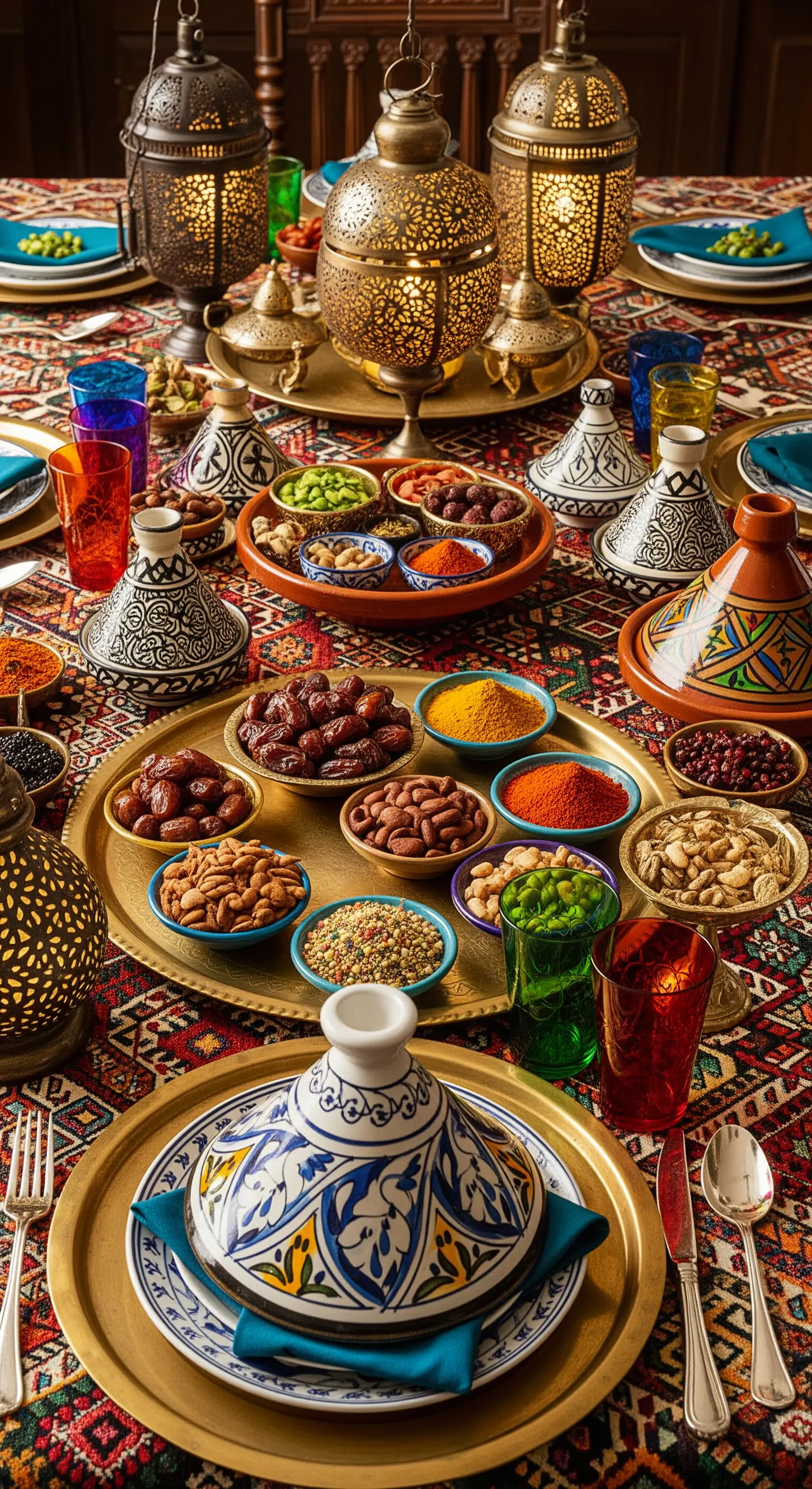 Tavola in stile marocchino con tajine, ciotole di spezie e lanterne decorate.