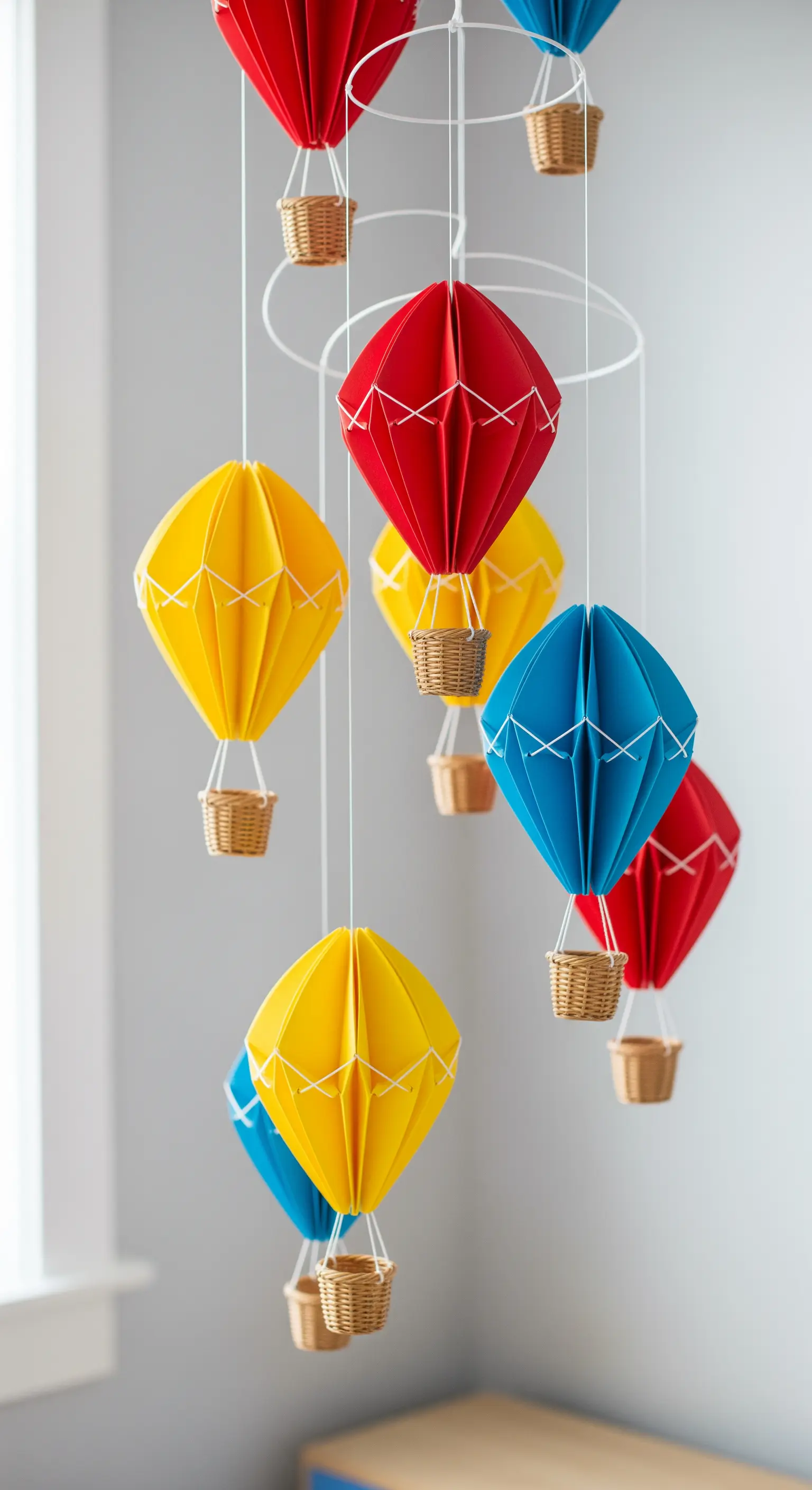 Giostrina per bambini con mongolfiere di carta rosse, gialle e blu.