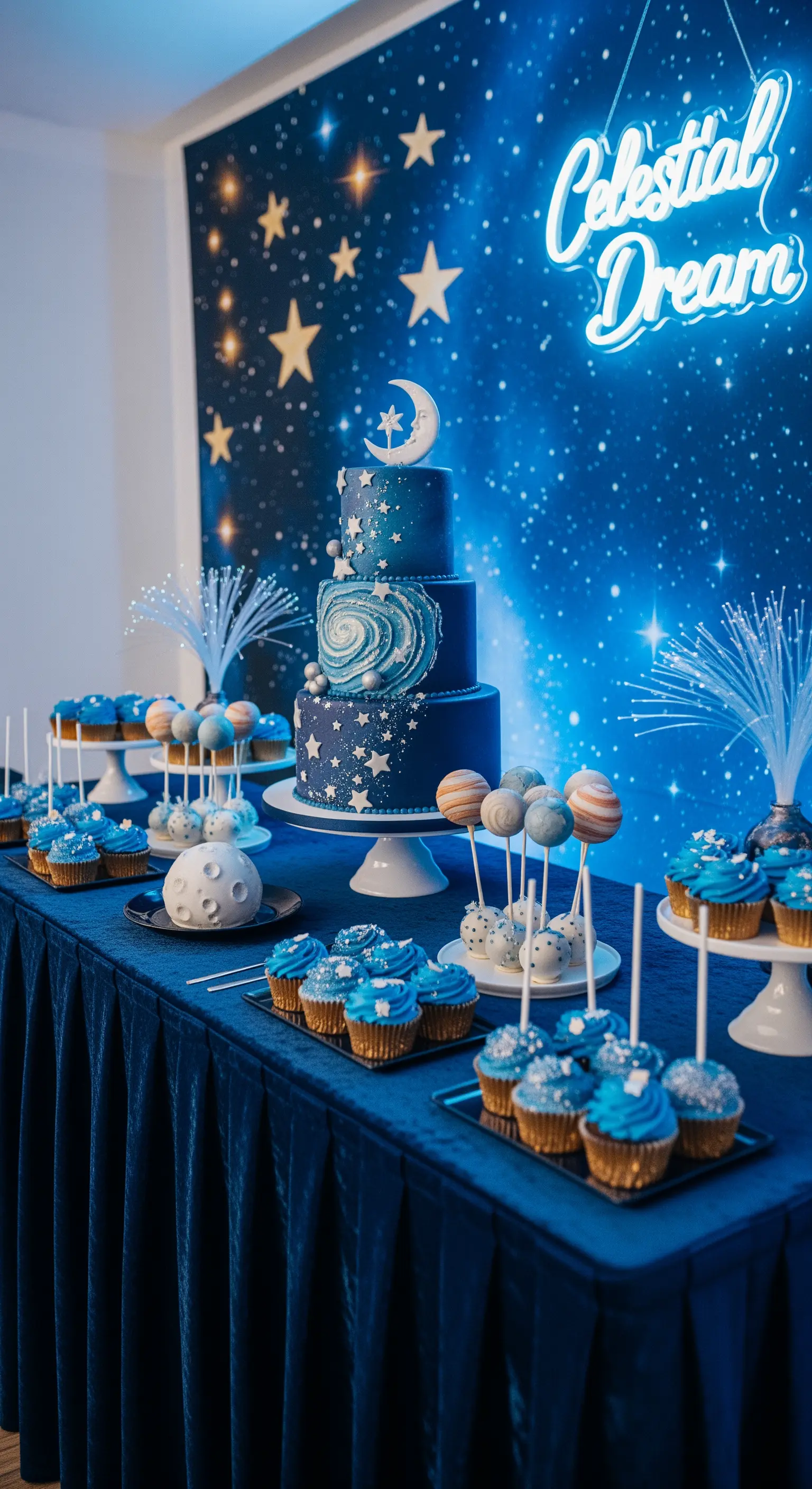 Sweet table a tema galassia con torta a più piani, sfondo stellato e scritta al neon blu