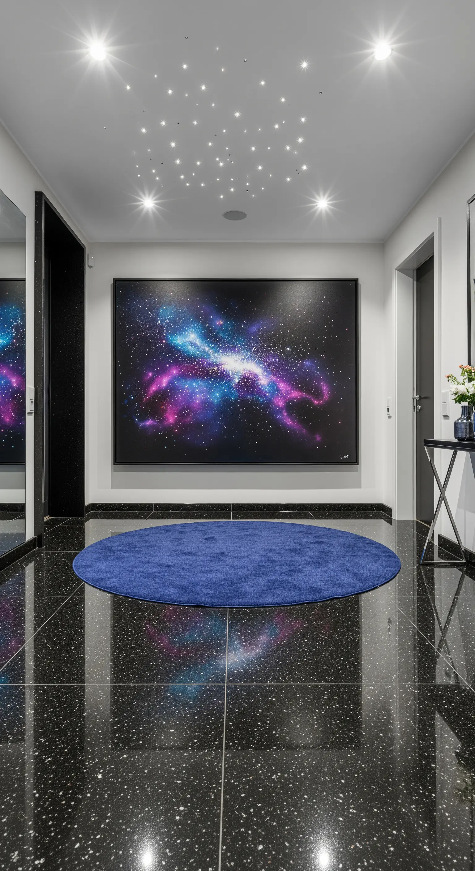 Ingresso con pavimento nero lucido, quadro di una galassia e soffitto a cielo stellato.