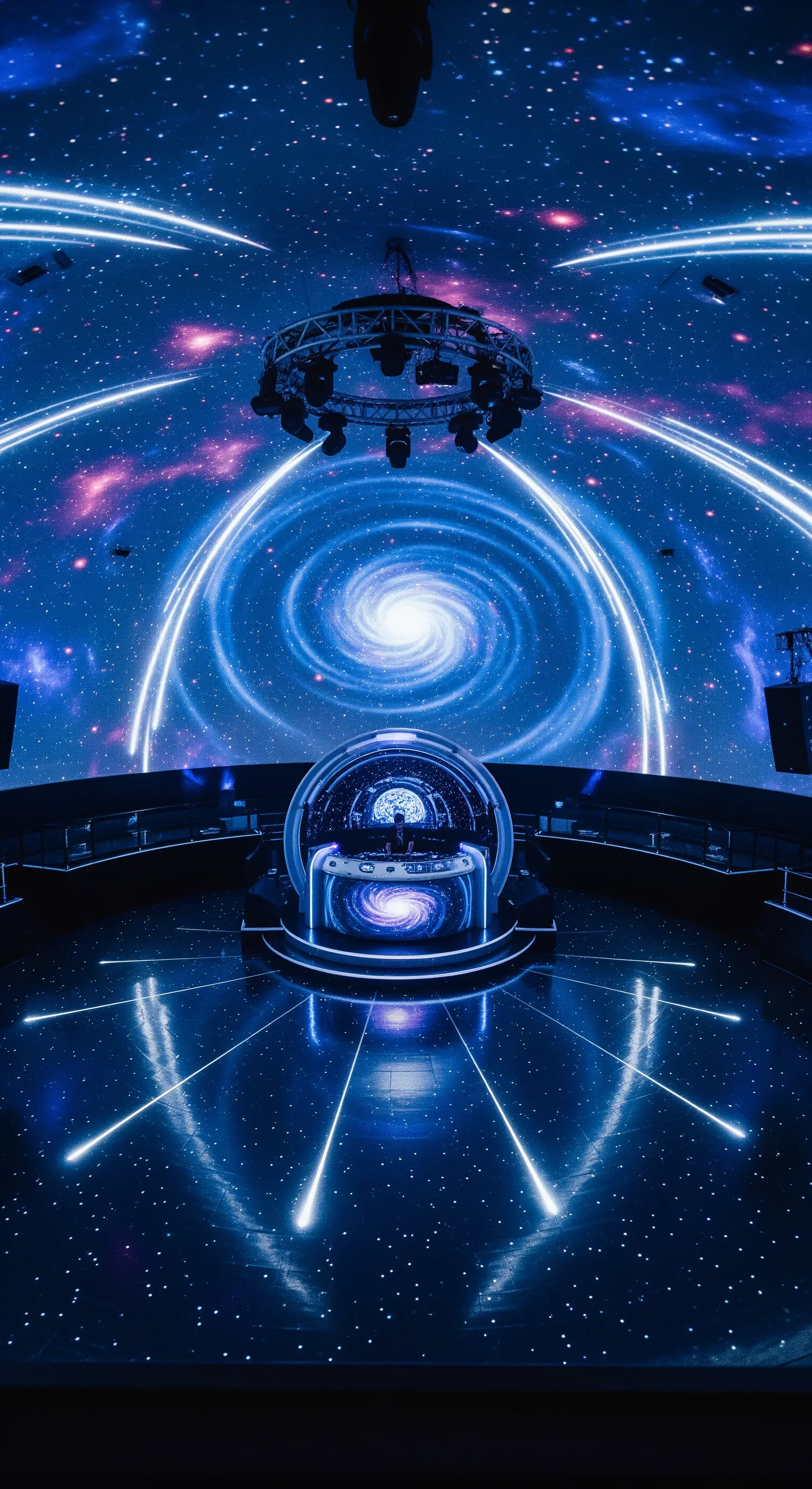 DJ booth sferico al centro di una pista da ballo con proiezioni di galassie.