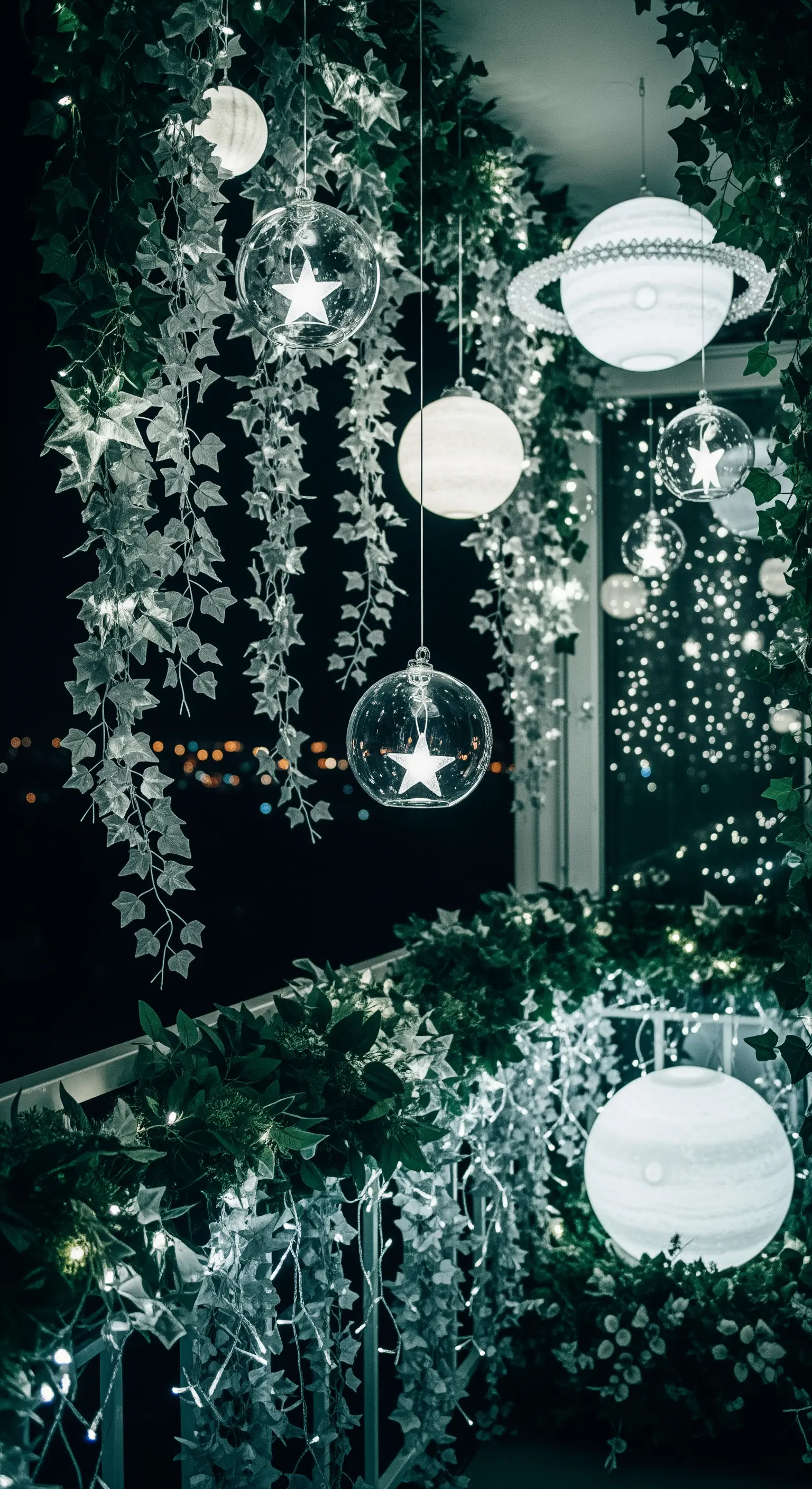 Balcone notturno decorato con vegetazione scura e sfere luminose sospese a forma di pianeti e stelle