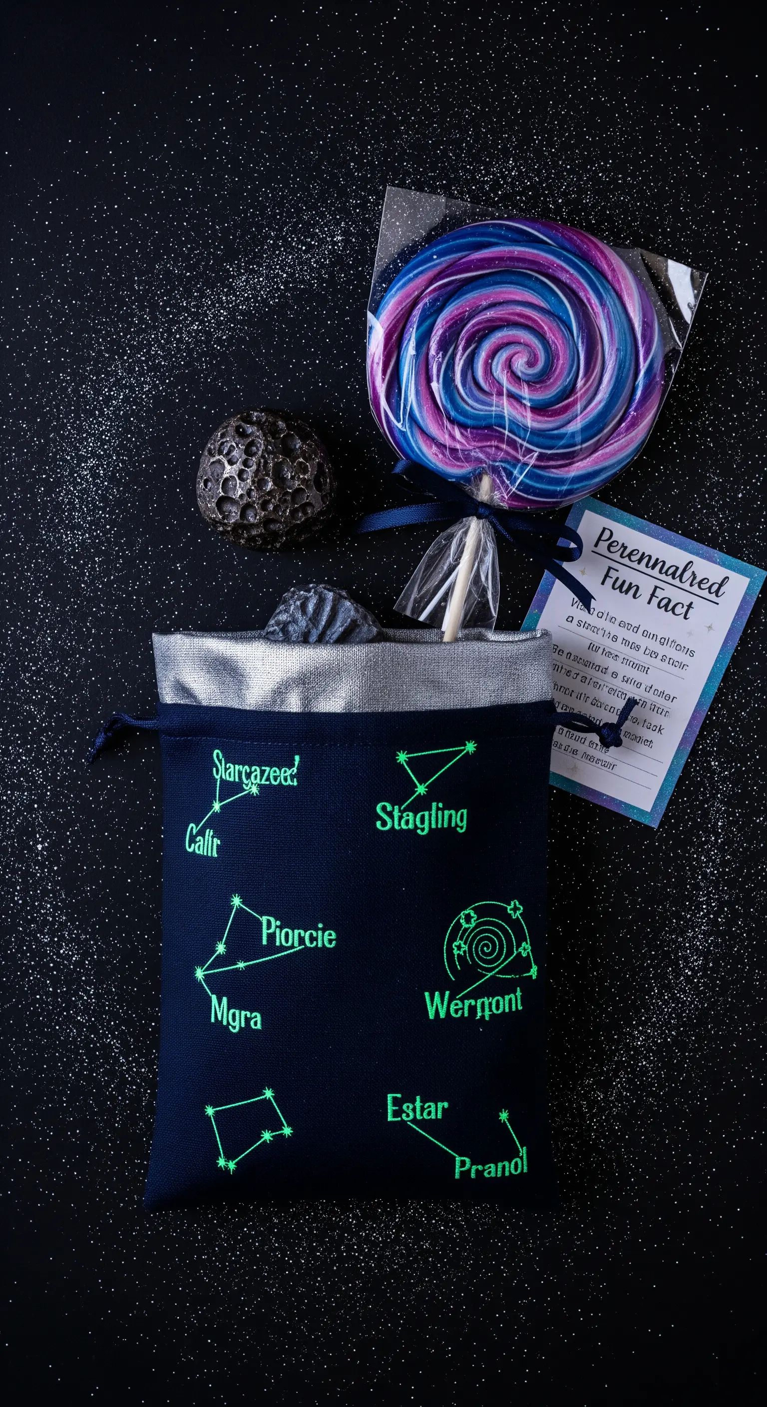Sacchetto blu scuro con costellazioni fosforescenti, un lecca-lecca galattico e una pietra lunare.