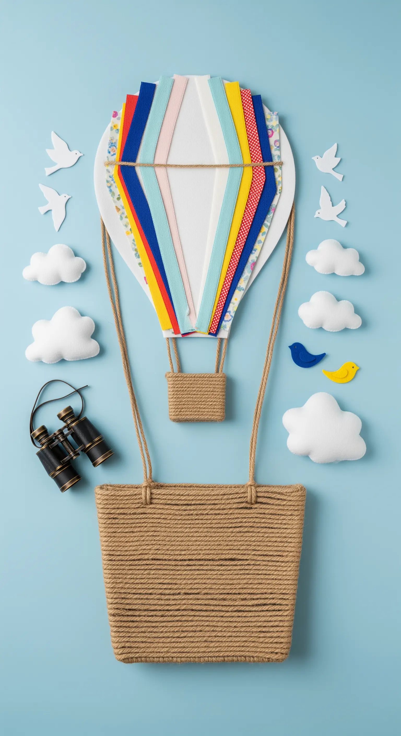 Composizione a tema mongolfiera con feltro, nastri colorati, una cesta di iuta e nuvole.